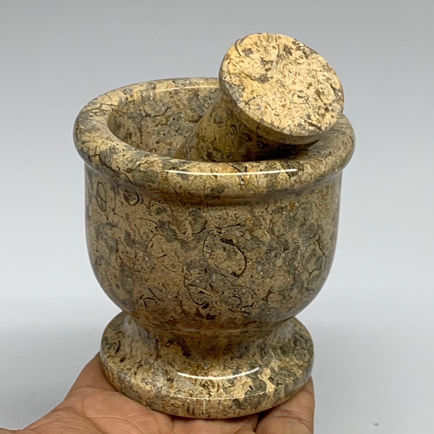 1.19 lbs,  3"x3", Natural Brown Fossils Crystal Pestle and Mortar Handmade, B325