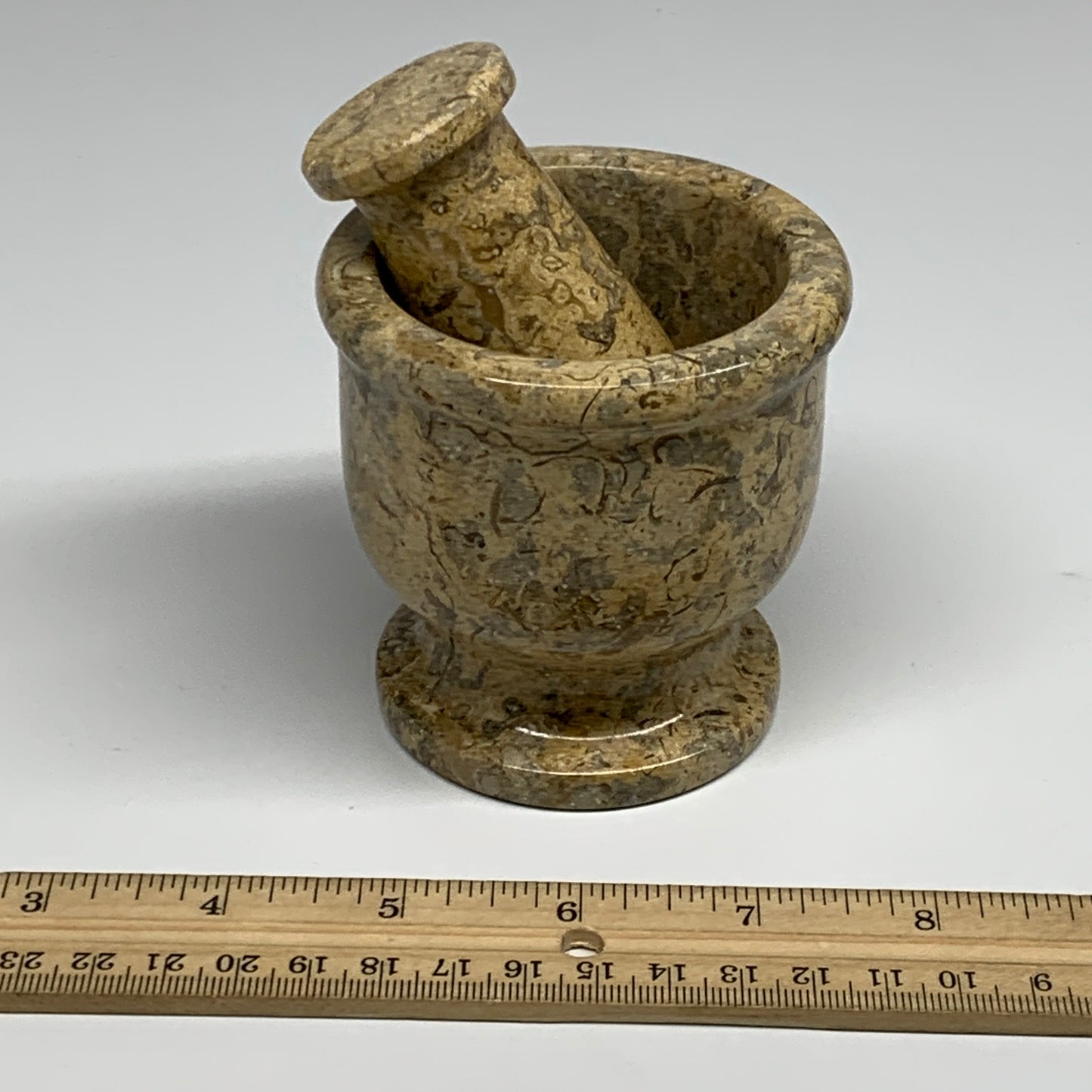 1.19 lbs,  3"x3", Natural Brown Fossils Crystal Pestle and Mortar Handmade, B325