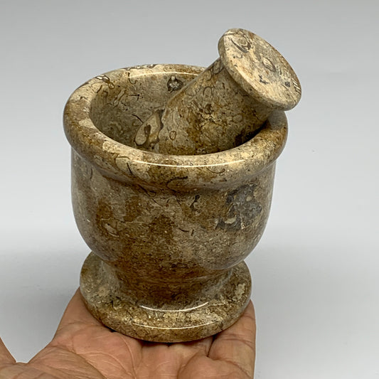 1.16 lbs,  3"x3", Natural Brown Fossils Crystal Pestle and Mortar Handmade, B325