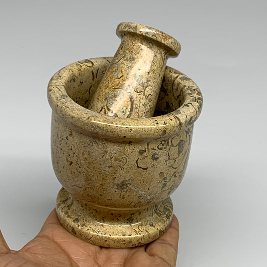 1.24 lbs,  3"x3", Natural Brown Fossils Crystal Pestle and Mortar Handmade, B325