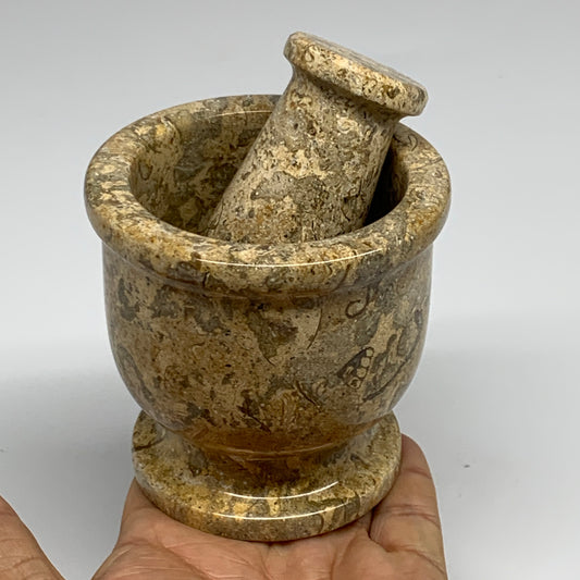 1.22 lbs,  3"x3", Natural Brown Fossils Crystal Pestle and Mortar Handmade, B325