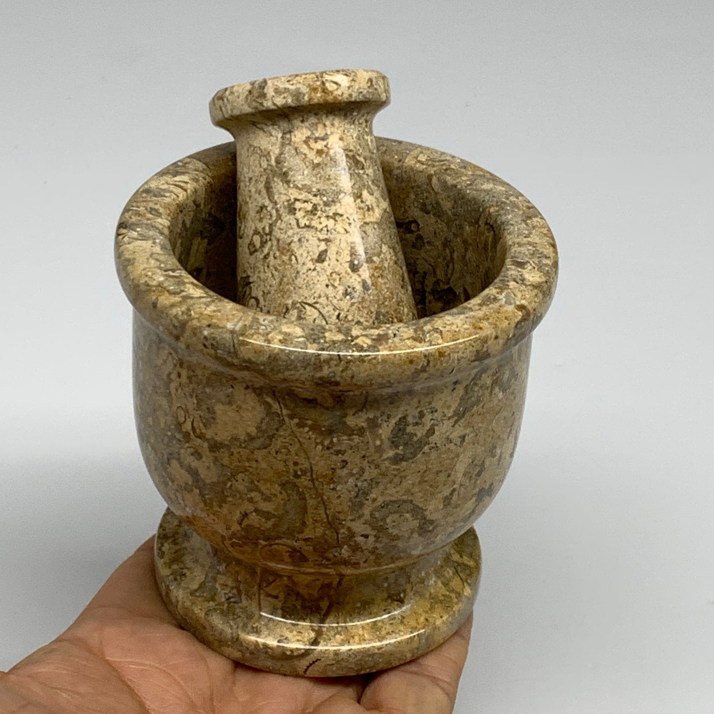 1.22 lbs,  3"x3", Natural Brown Fossils Crystal Pestle and Mortar Handmade, B325