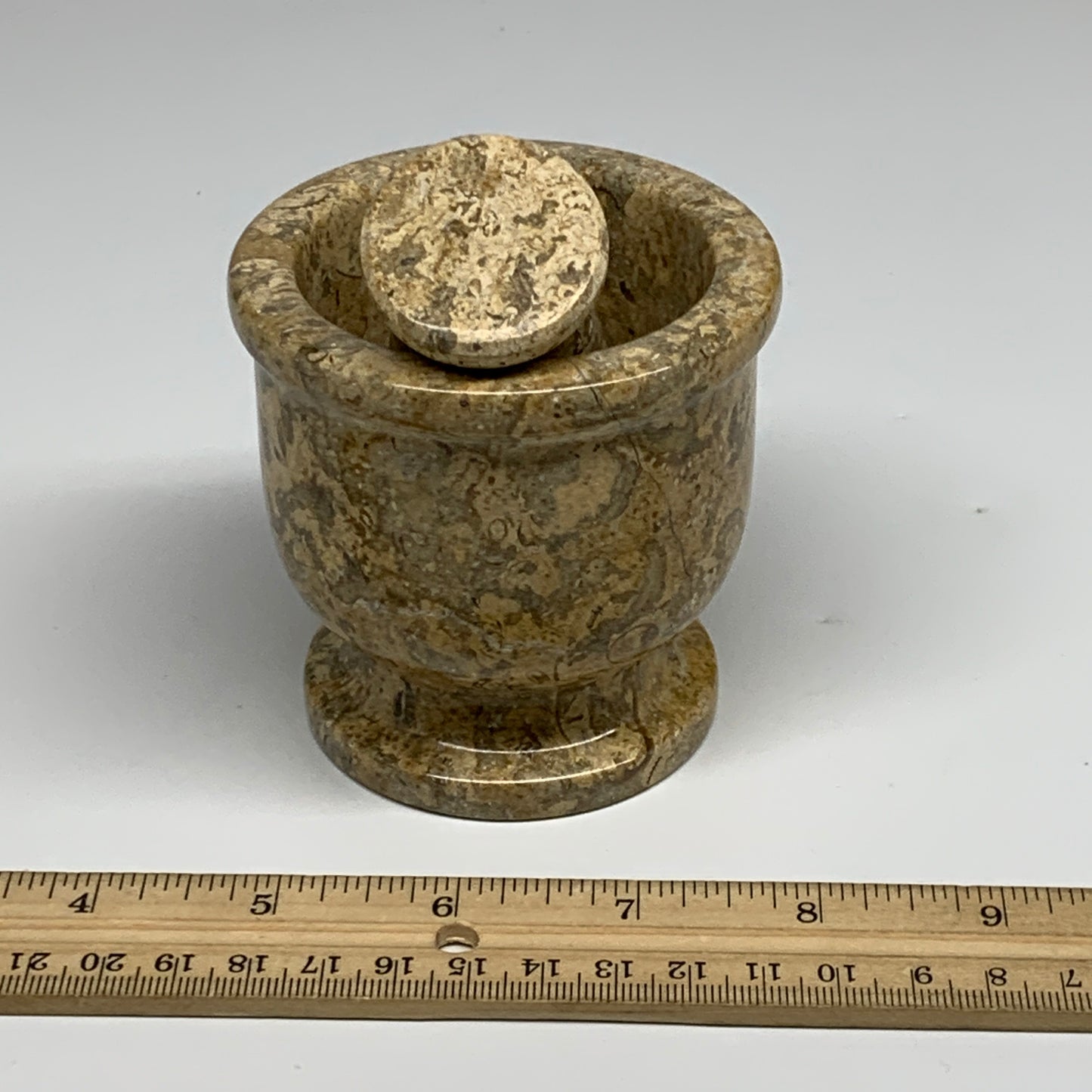 1.22 lbs,  3"x3", Natural Brown Fossils Crystal Pestle and Mortar Handmade, B325