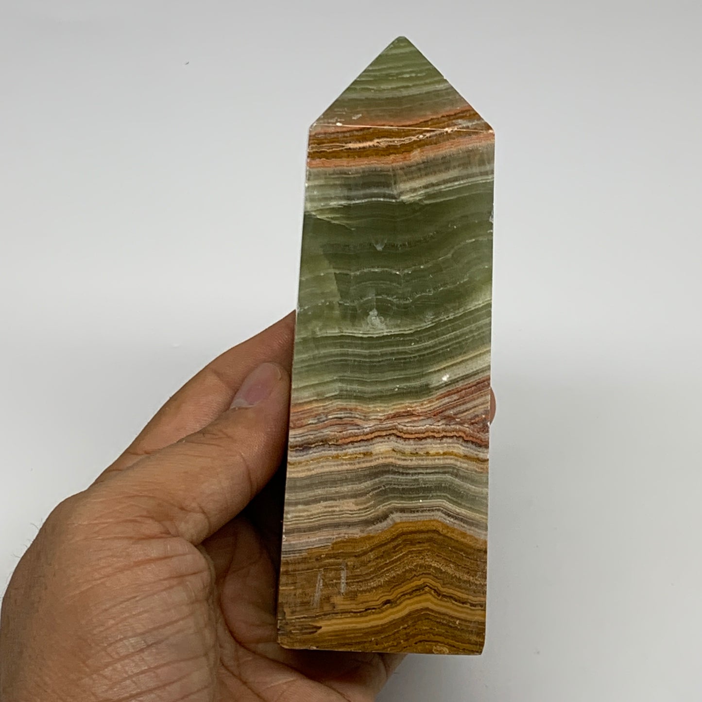 0.84 lbs, 4.9"x1.7"x1.3", Green Onyx Point Tower Obelisk Crystal @Afghanistan, B