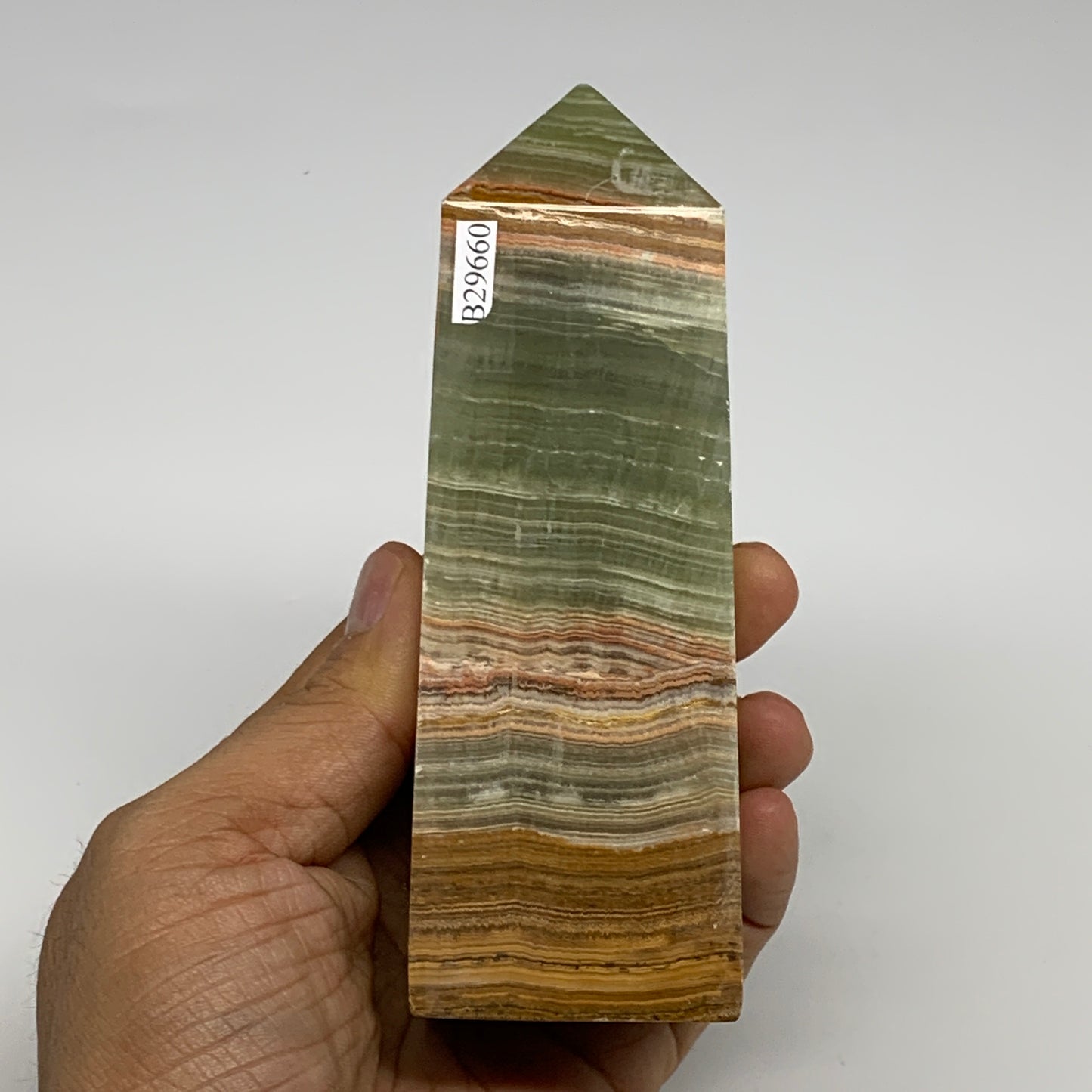 0.84 lbs, 4.9"x1.7"x1.3", Green Onyx Point Tower Obelisk Crystal @Afghanistan, B