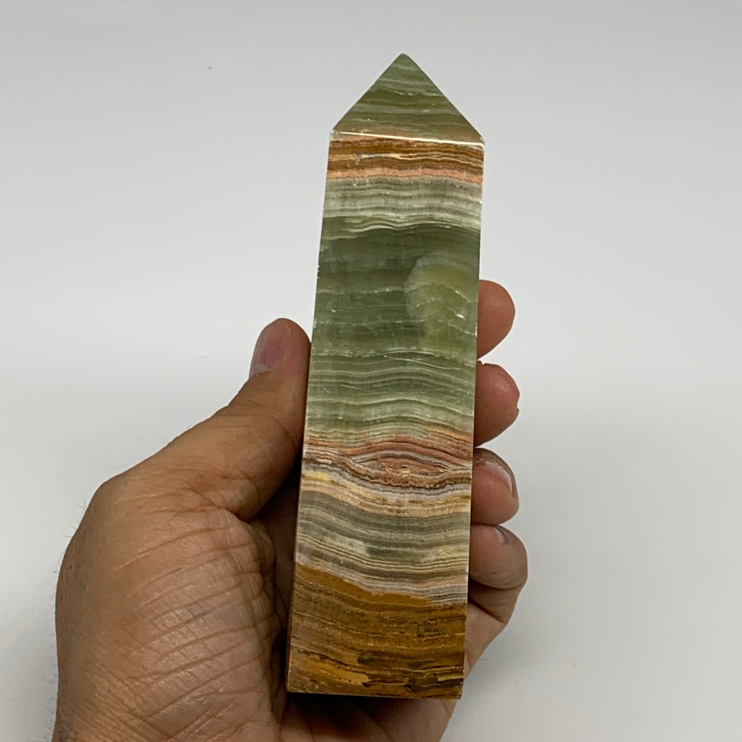 0.84 lbs, 4.9"x1.7"x1.3", Green Onyx Point Tower Obelisk Crystal @Afghanistan, B