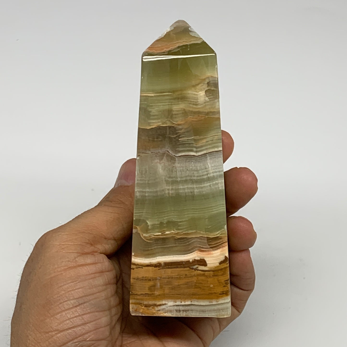 0.87 lbs, 4.7"x1.7"x1.5", Green Onyx Point Tower Obelisk Crystal @Afghanistan, B