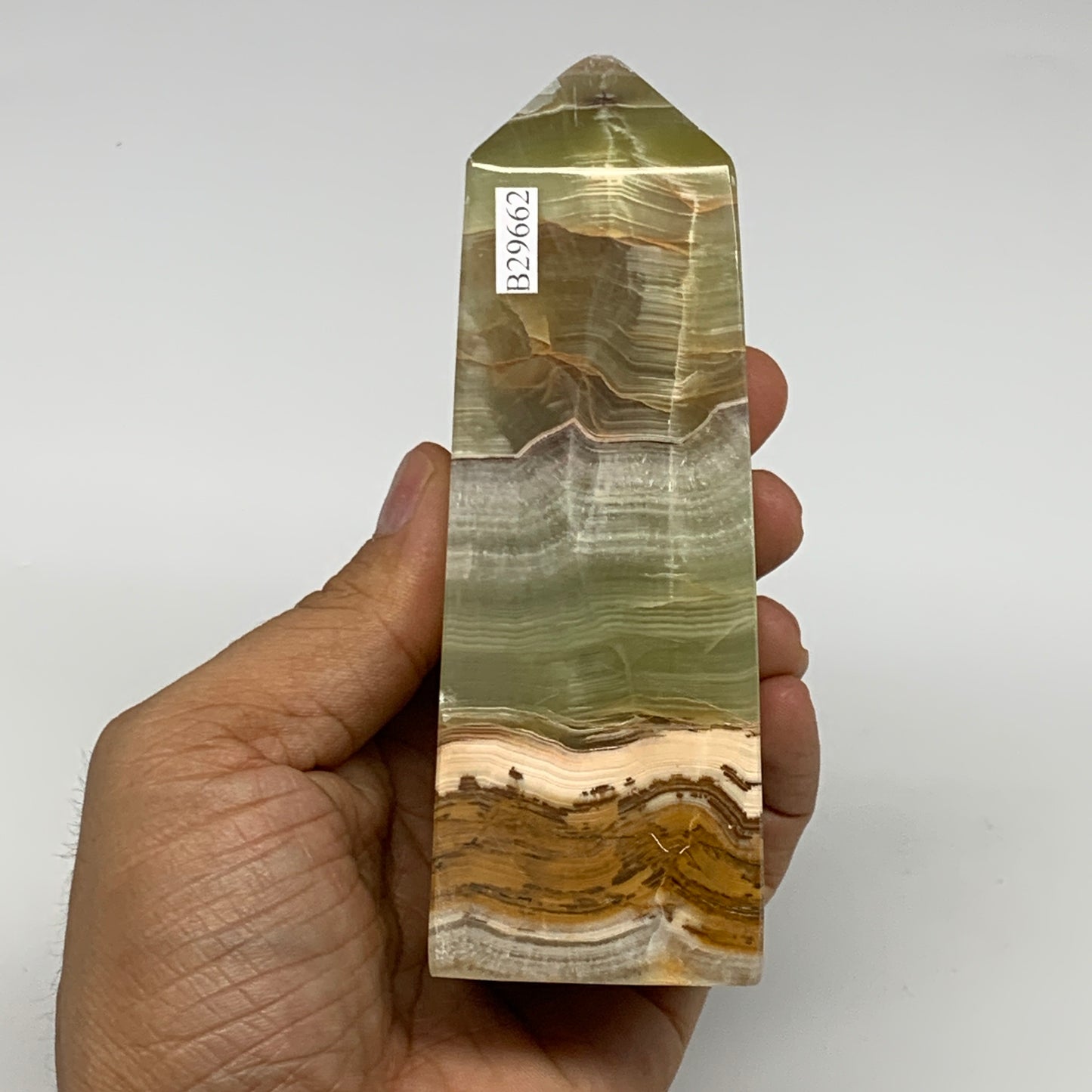 0.87 lbs, 4.7"x1.7"x1.5", Green Onyx Point Tower Obelisk Crystal @Afghanistan, B