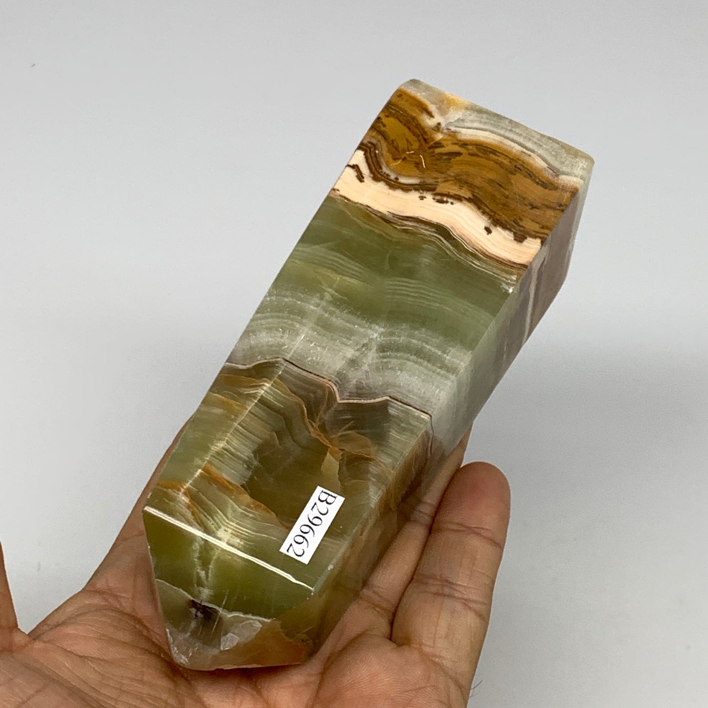 0.87 lbs, 4.7"x1.7"x1.5", Green Onyx Point Tower Obelisk Crystal @Afghanistan, B