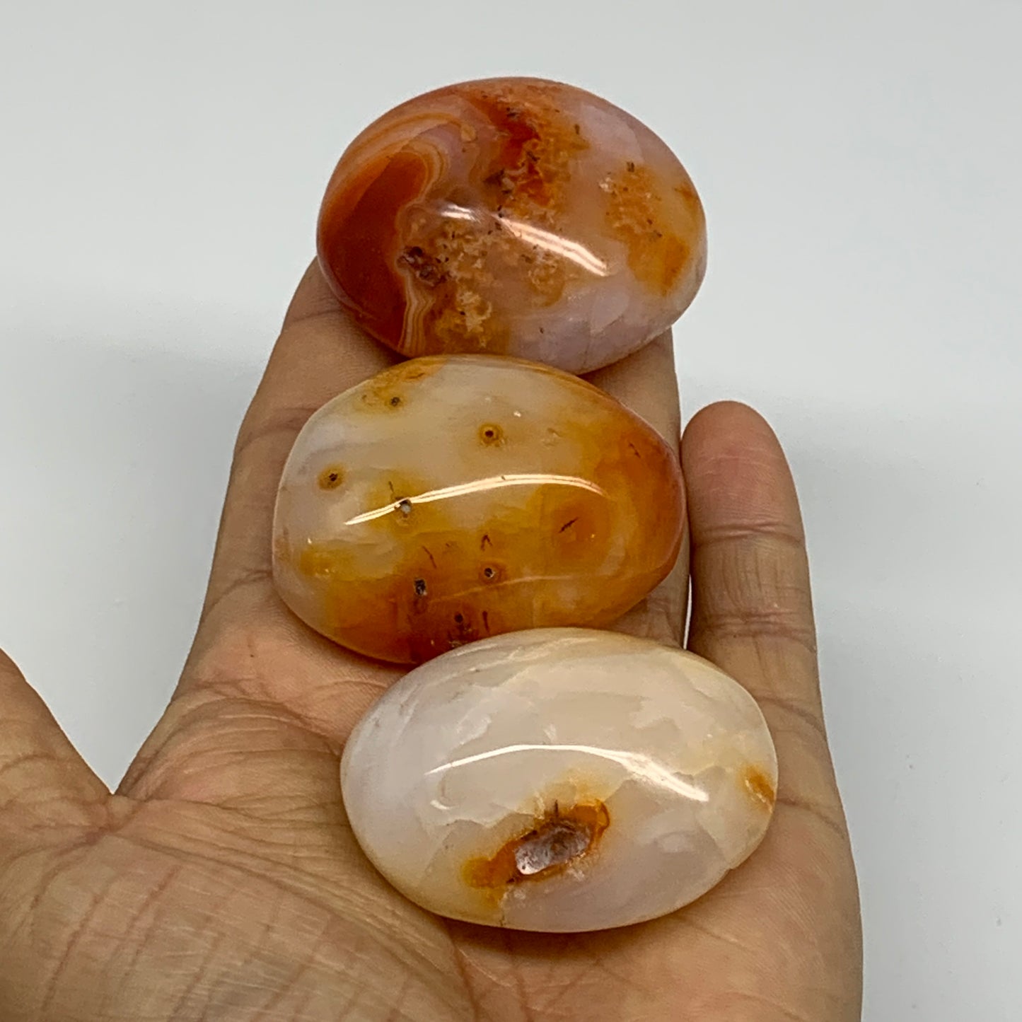 212.5g, 1.8"-1.9", 3pcs, Red Carnelian Palm-Stone Gem Crystal Polished, B37615