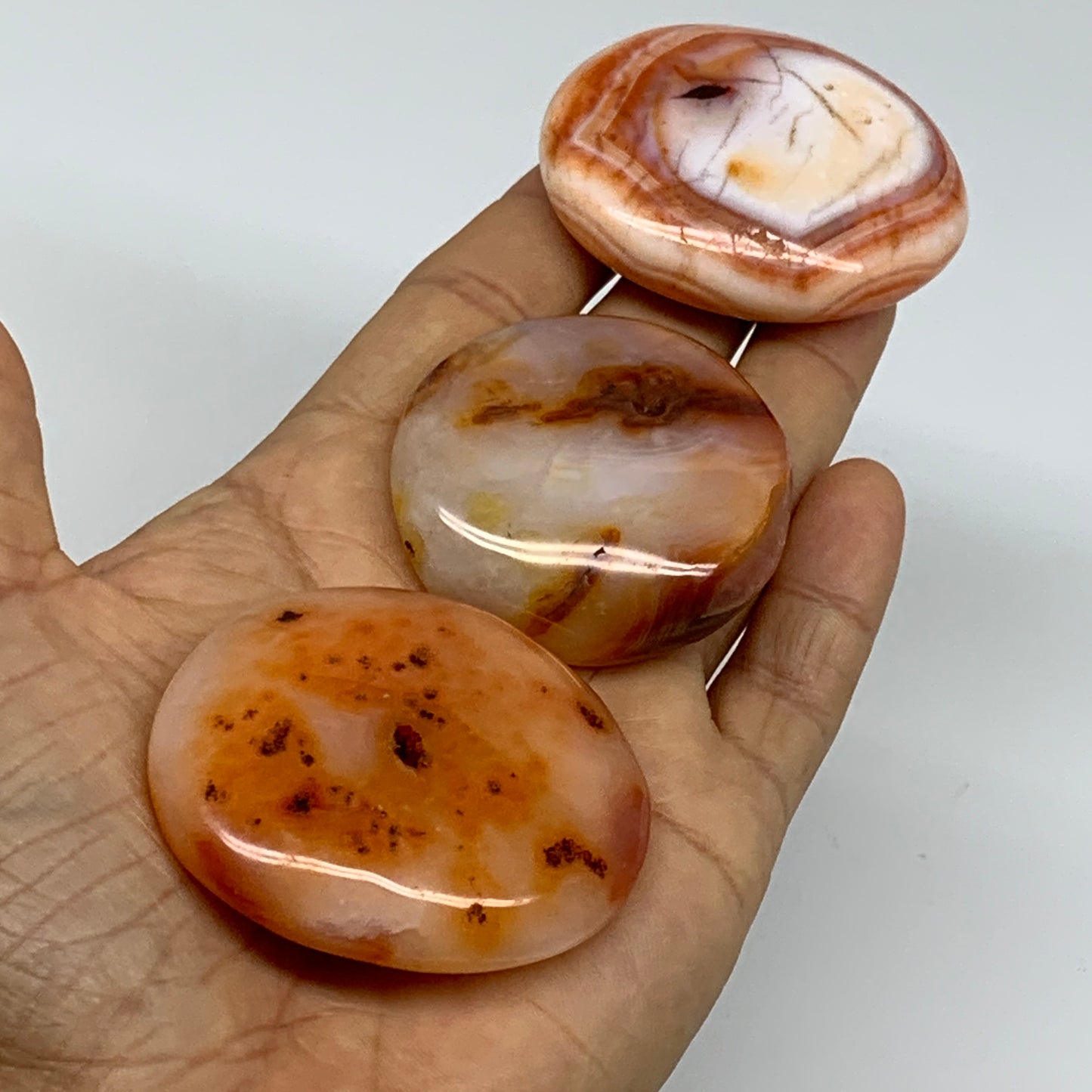 175.6g, 1.8"-2.1", 3pcs, Red Carnelian Palm-Stone Gem Crystal Polished, B37622