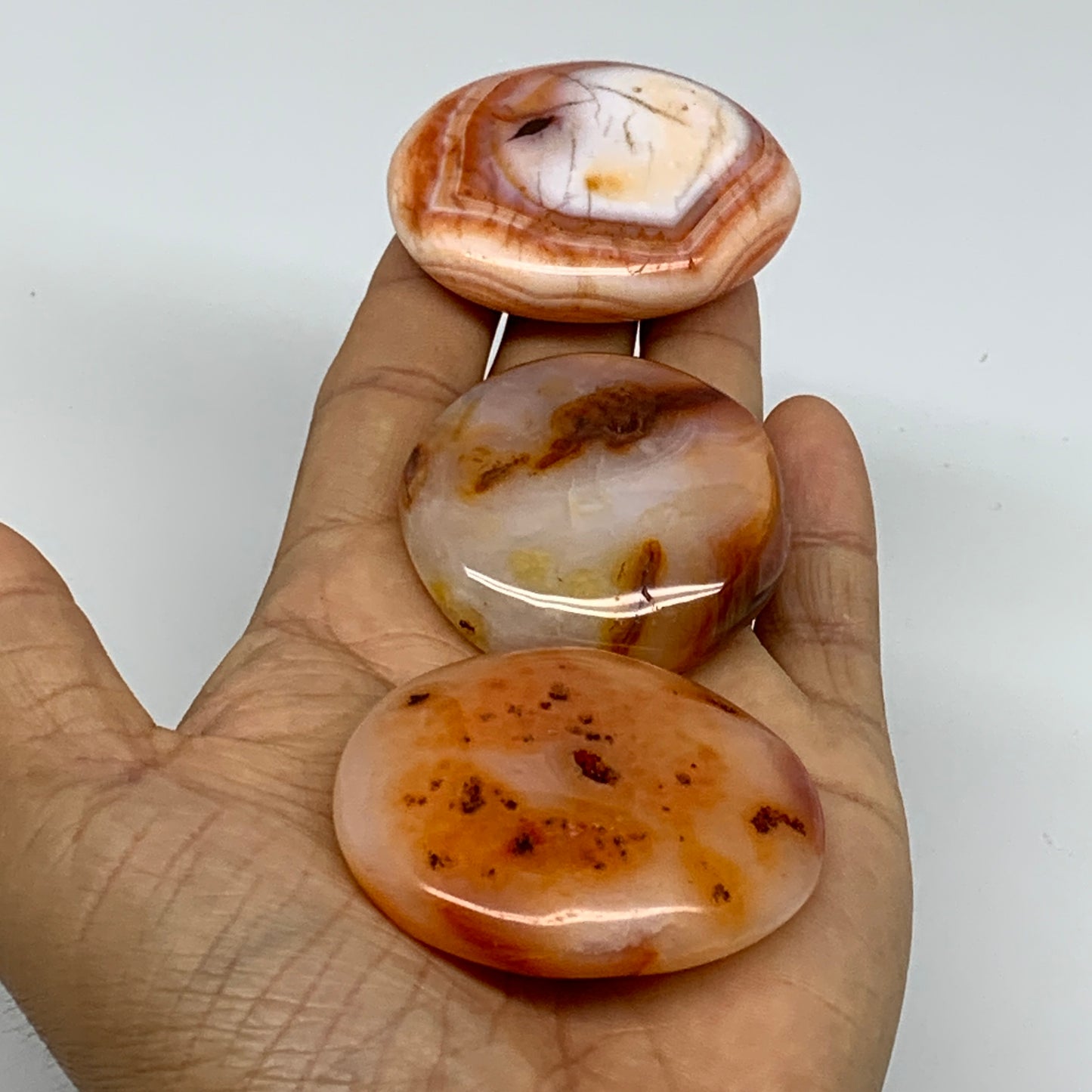 175.6g, 1.8"-2.1", 3pcs, Red Carnelian Palm-Stone Gem Crystal Polished, B37622