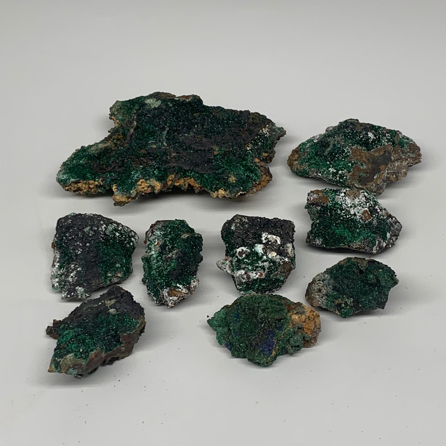 916g, 1.9"-5.2", 9pcs Lot, Malachite Mineral Specimen from Morocco, B11289