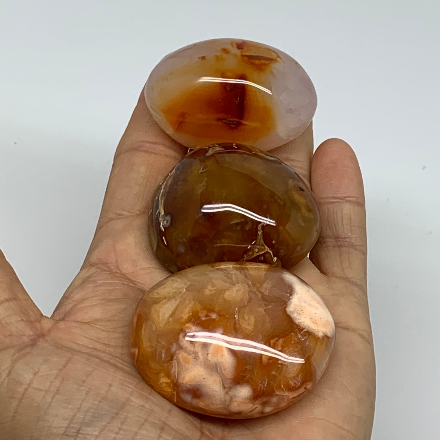 203.5g, 1.8"-2", 3pcs, Red Carnelian Palm-Stone Gem Crystal Polished, B37626