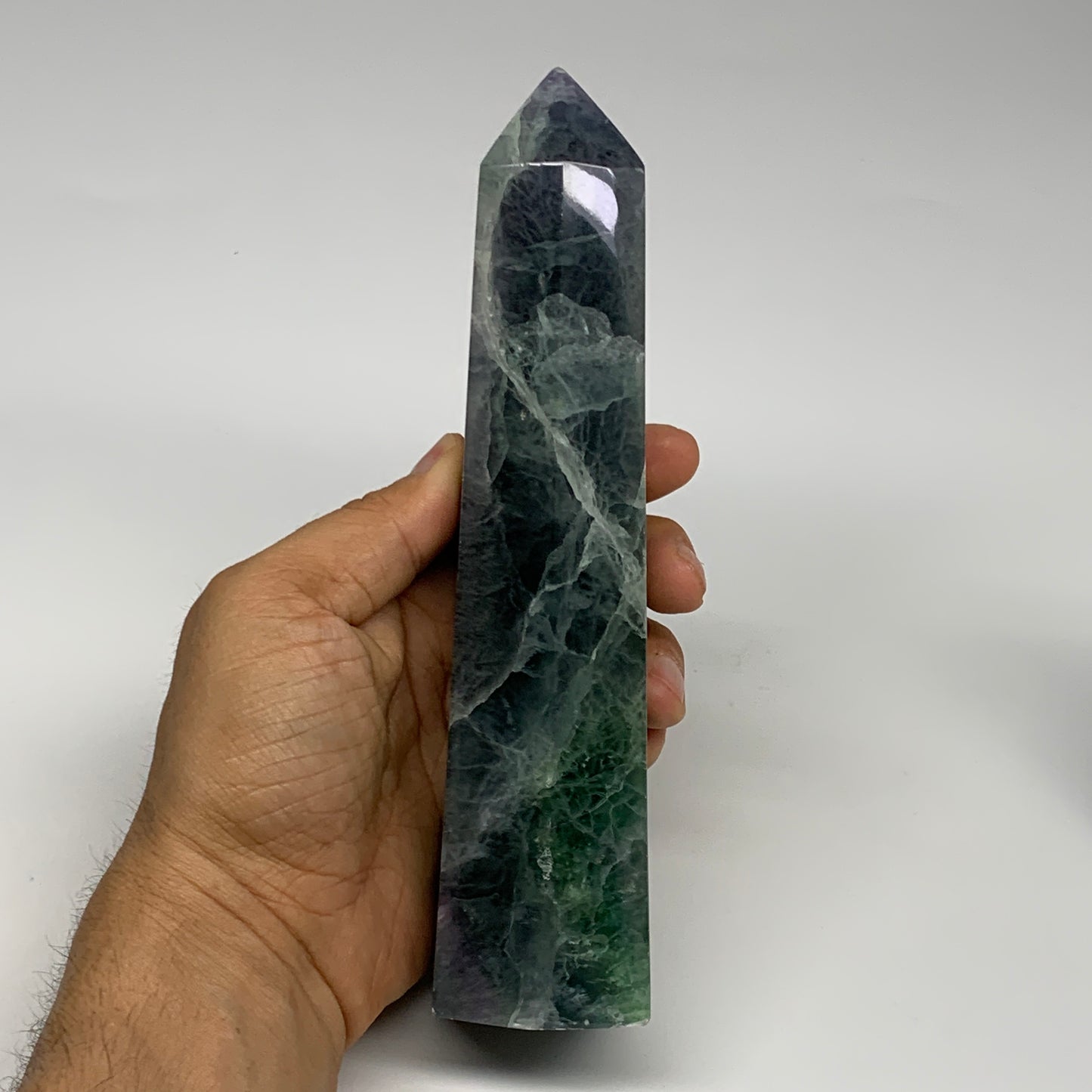 1.57 lbs,  6.4"x1.8"x1.7" Natural Fluorite Tower Obelisk Point Crystal, B29691