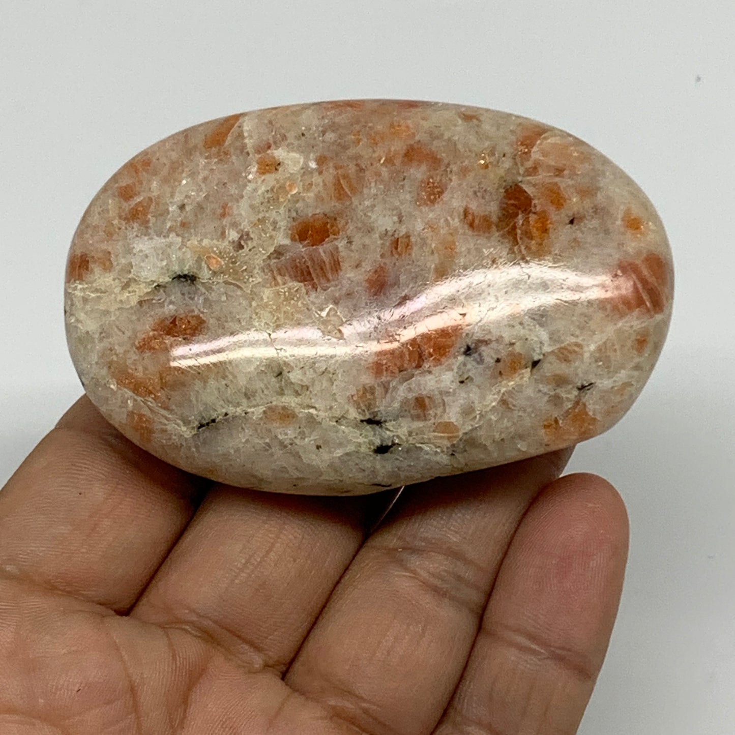 108.4g, 2.8"x1.8"x0.8", Natural Sunstone Palm-Stone Polished from India, B34597