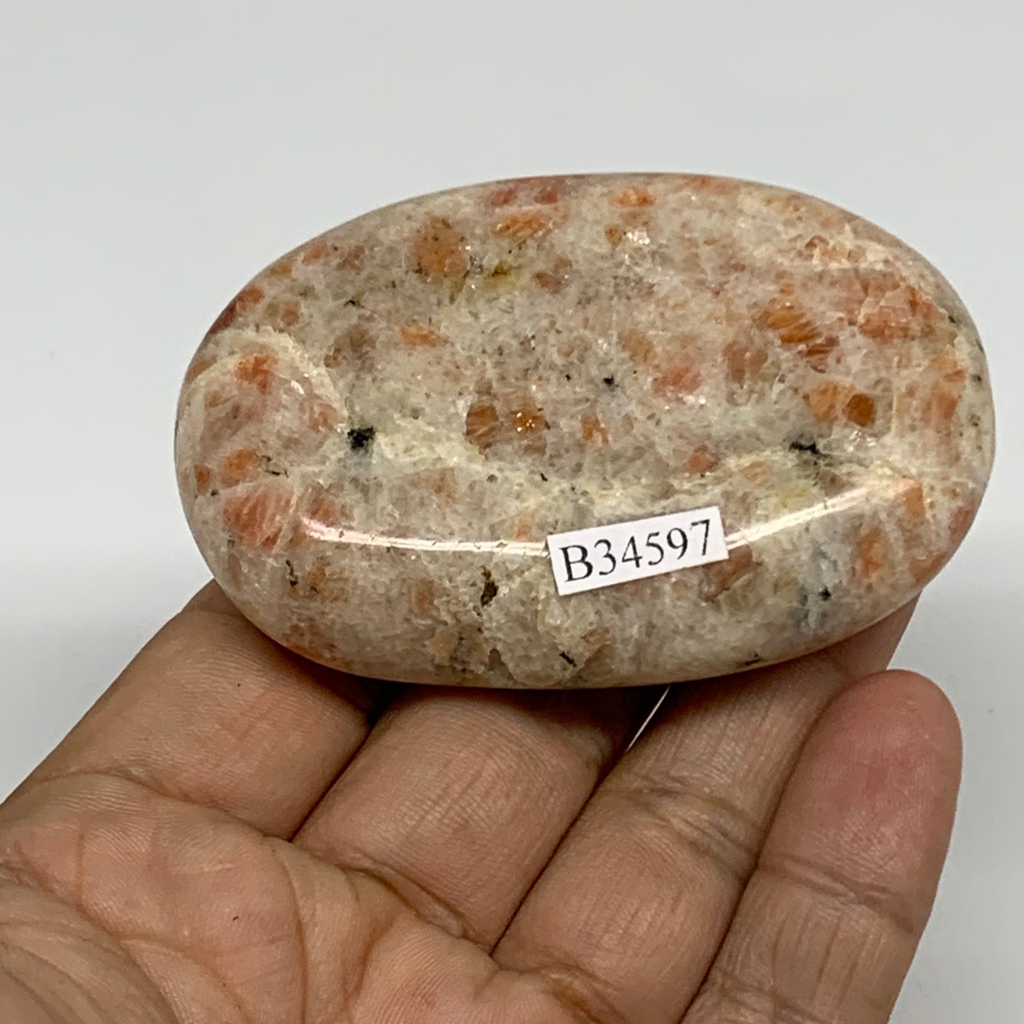 108.4g, 2.8"x1.8"x0.8", Natural Sunstone Palm-Stone Polished from India, B34597