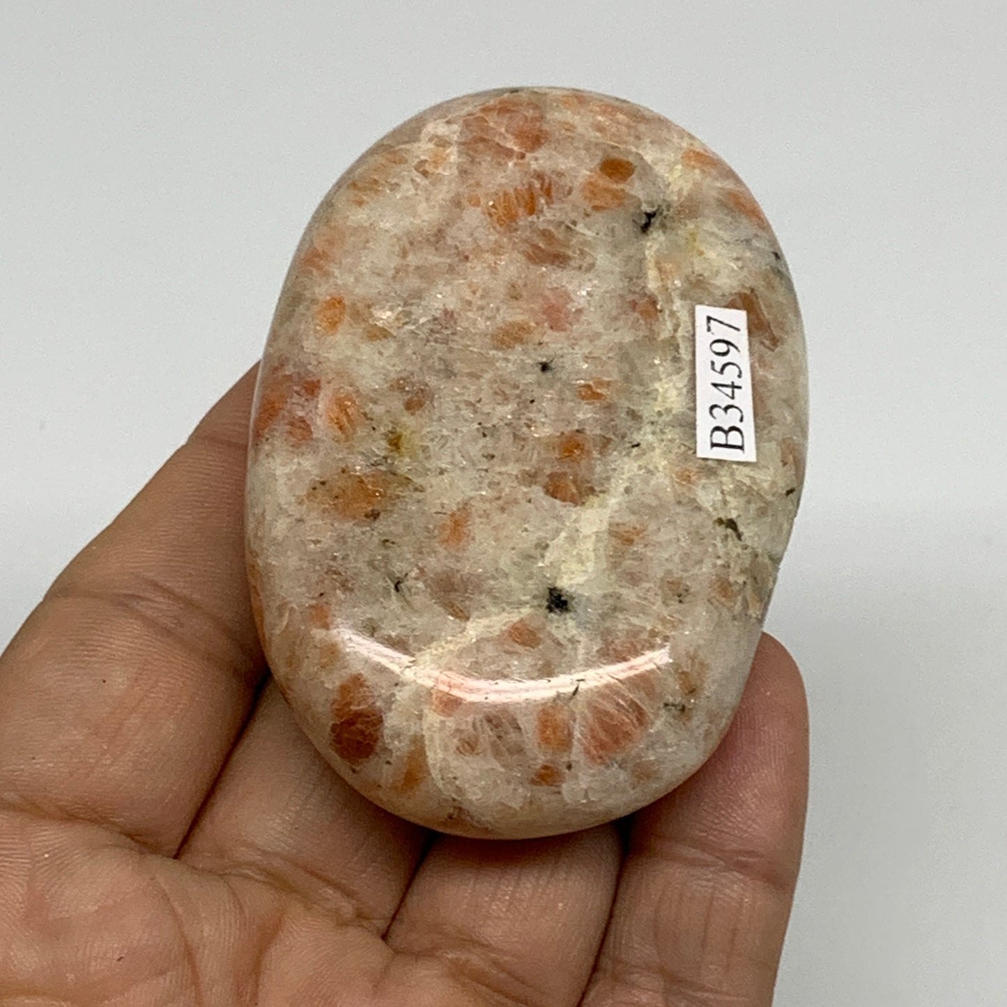 108.4g, 2.8"x1.8"x0.8", Natural Sunstone Palm-Stone Polished from India, B34597