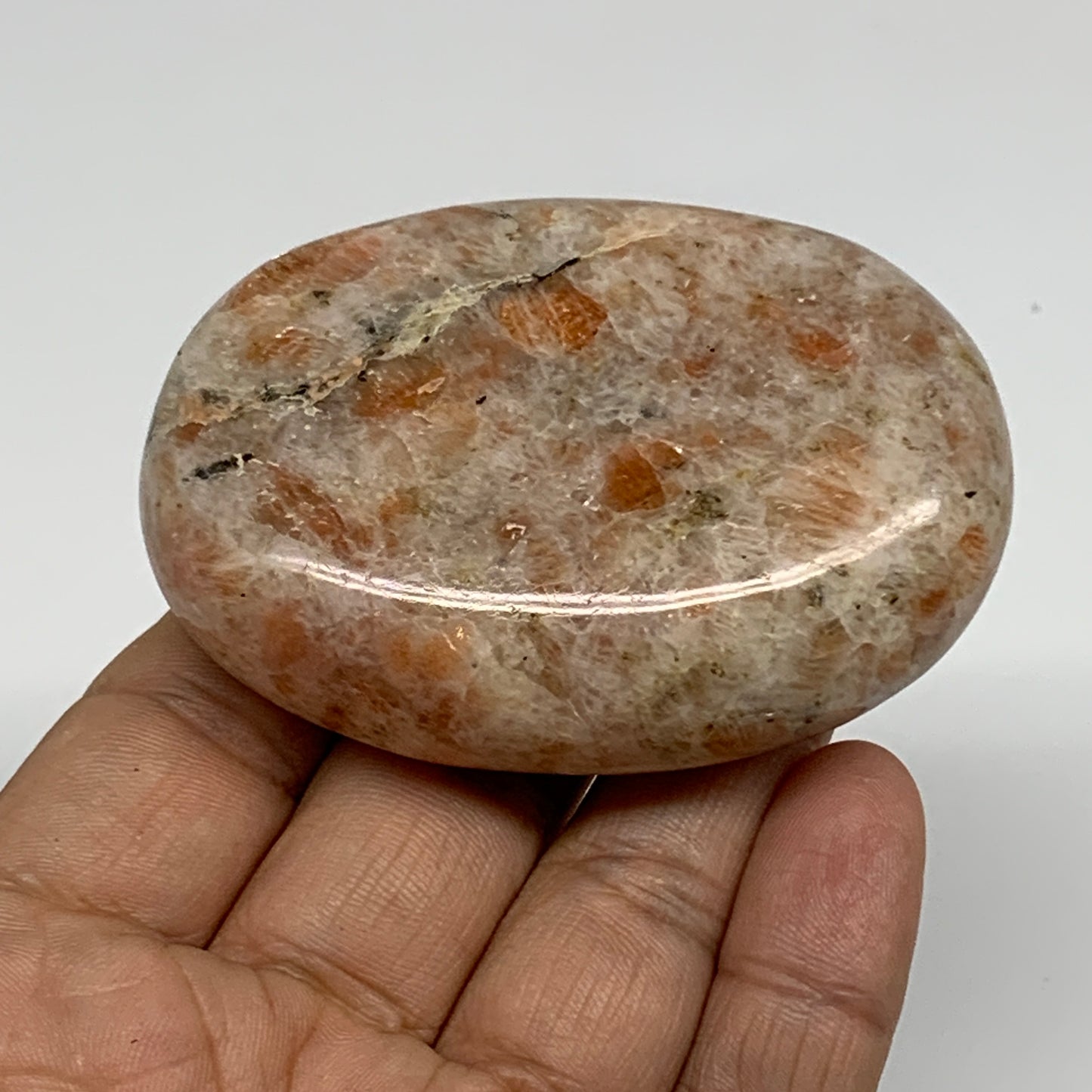 128.5g, 2.7"x1.9"x0.9", Natural Sunstone Palm-Stone Polished from India, B34599
