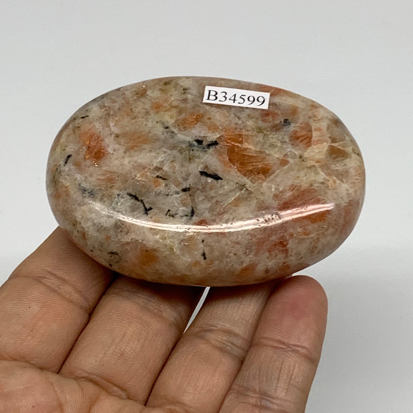 128.5g, 2.7"x1.9"x0.9", Natural Sunstone Palm-Stone Polished from India, B34599