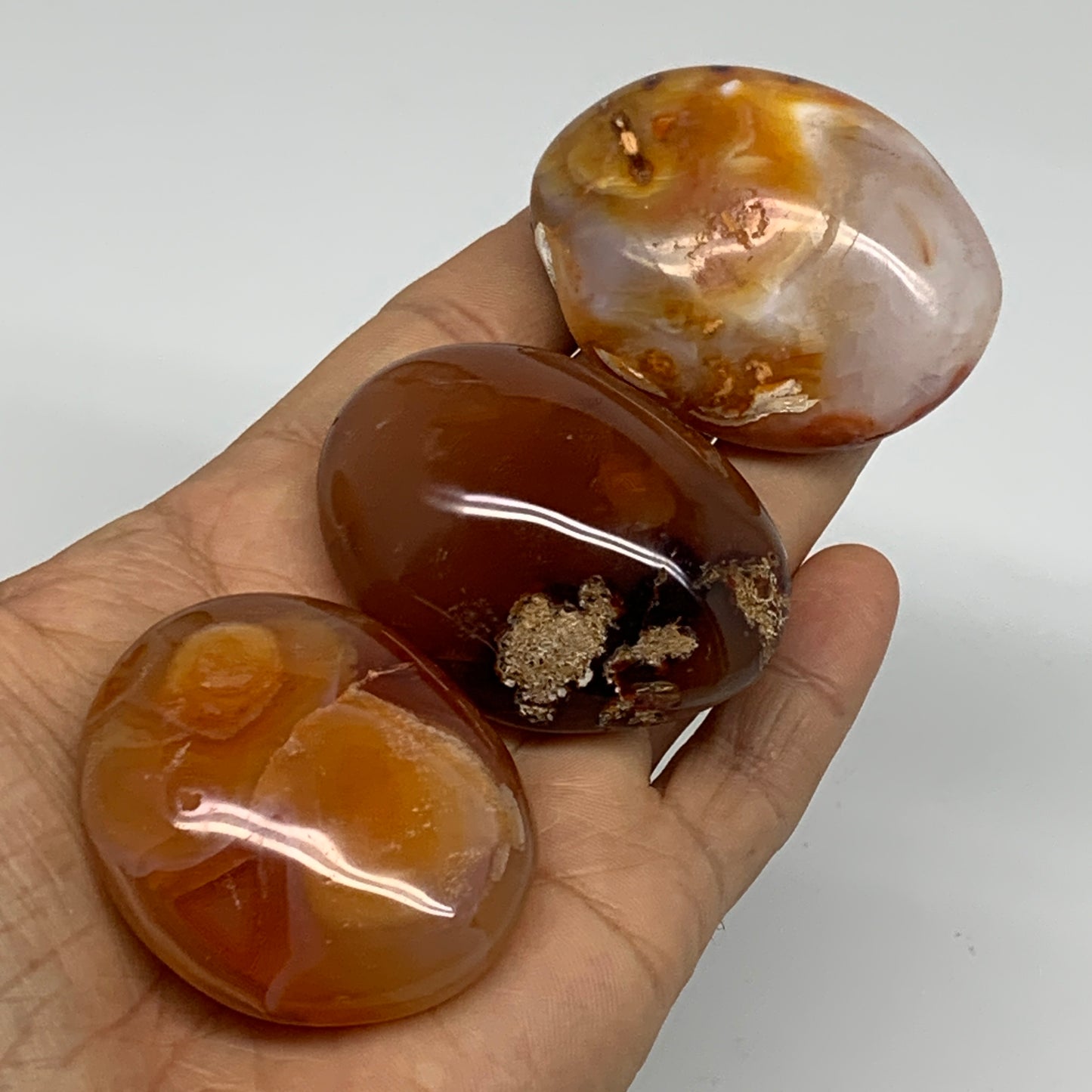 218.9g, 1.9"-2.1", 3pcs, Red Carnelian Palm-Stone Gem Crystal Polished, B37636