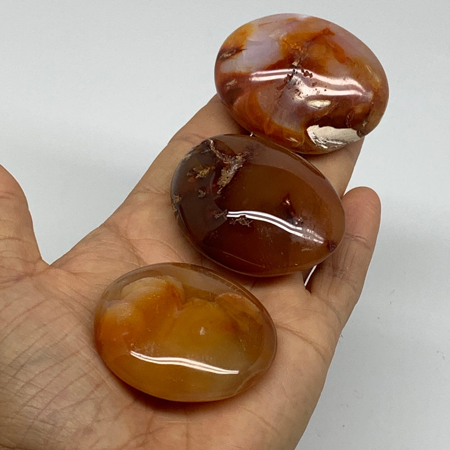 218.9g, 1.9"-2.1", 3pcs, Red Carnelian Palm-Stone Gem Crystal Polished, B37636