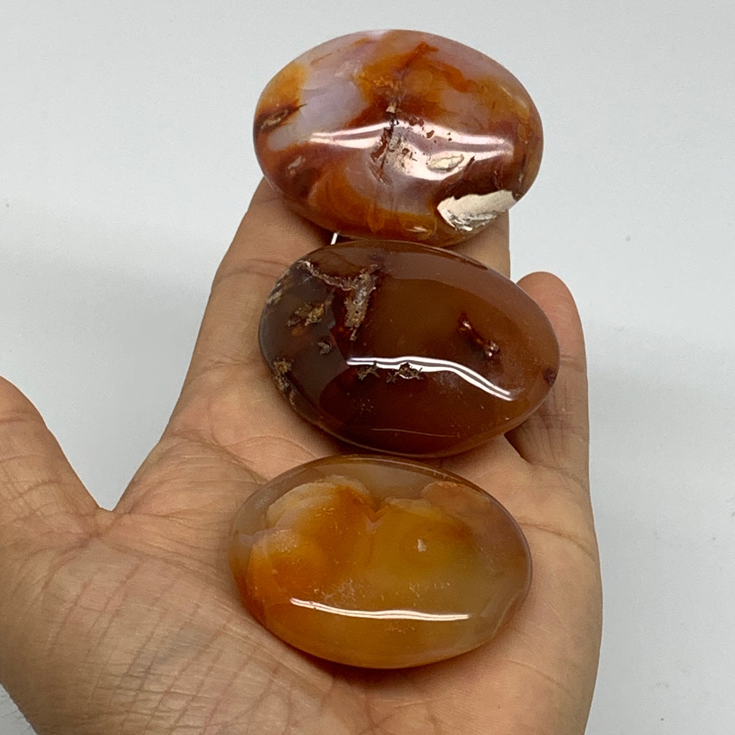218.9g, 1.9"-2.1", 3pcs, Red Carnelian Palm-Stone Gem Crystal Polished, B37636