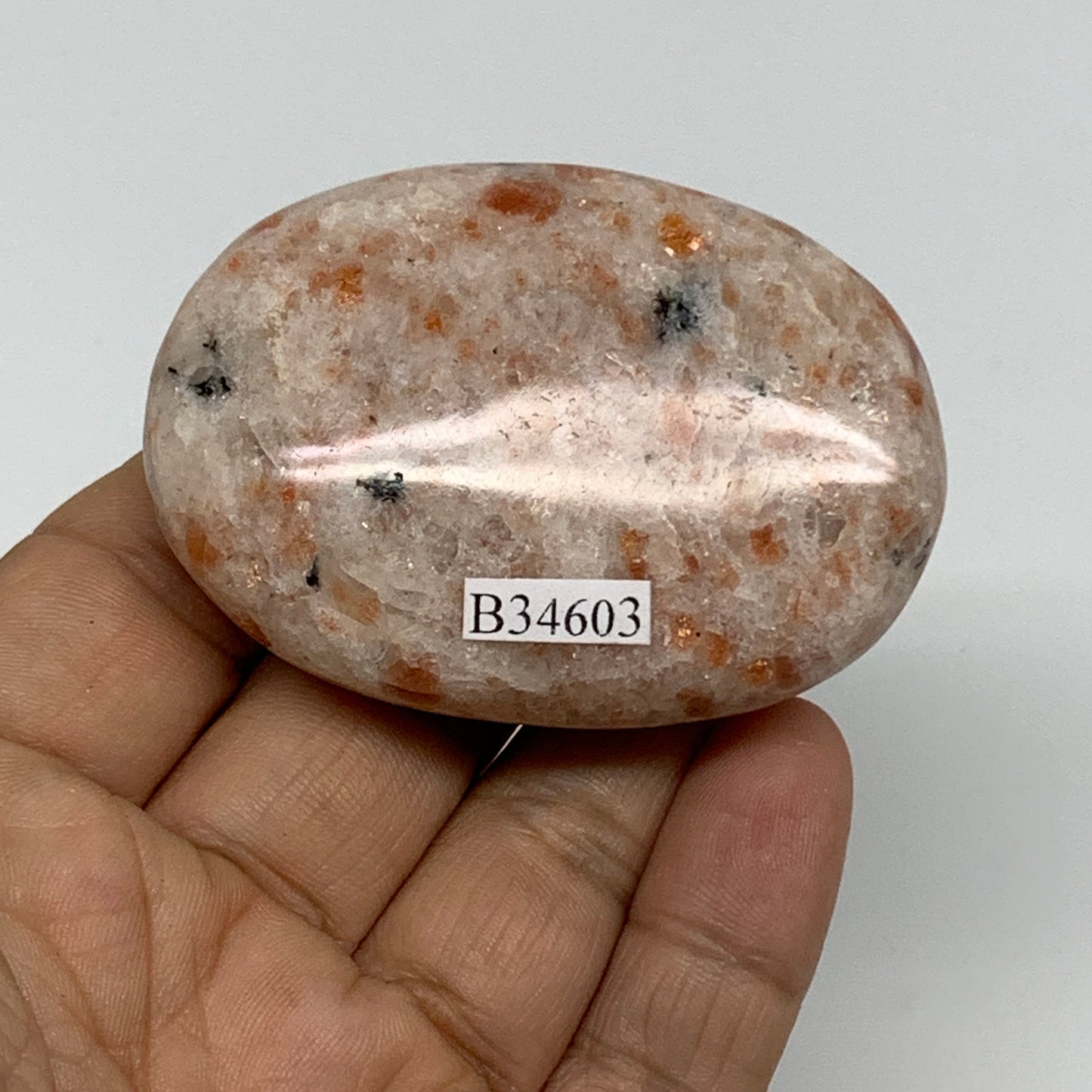 85.9g, 2.4"x1.7"x0.8", Natural Sunstone Palm-Stone Polished from India, B34603