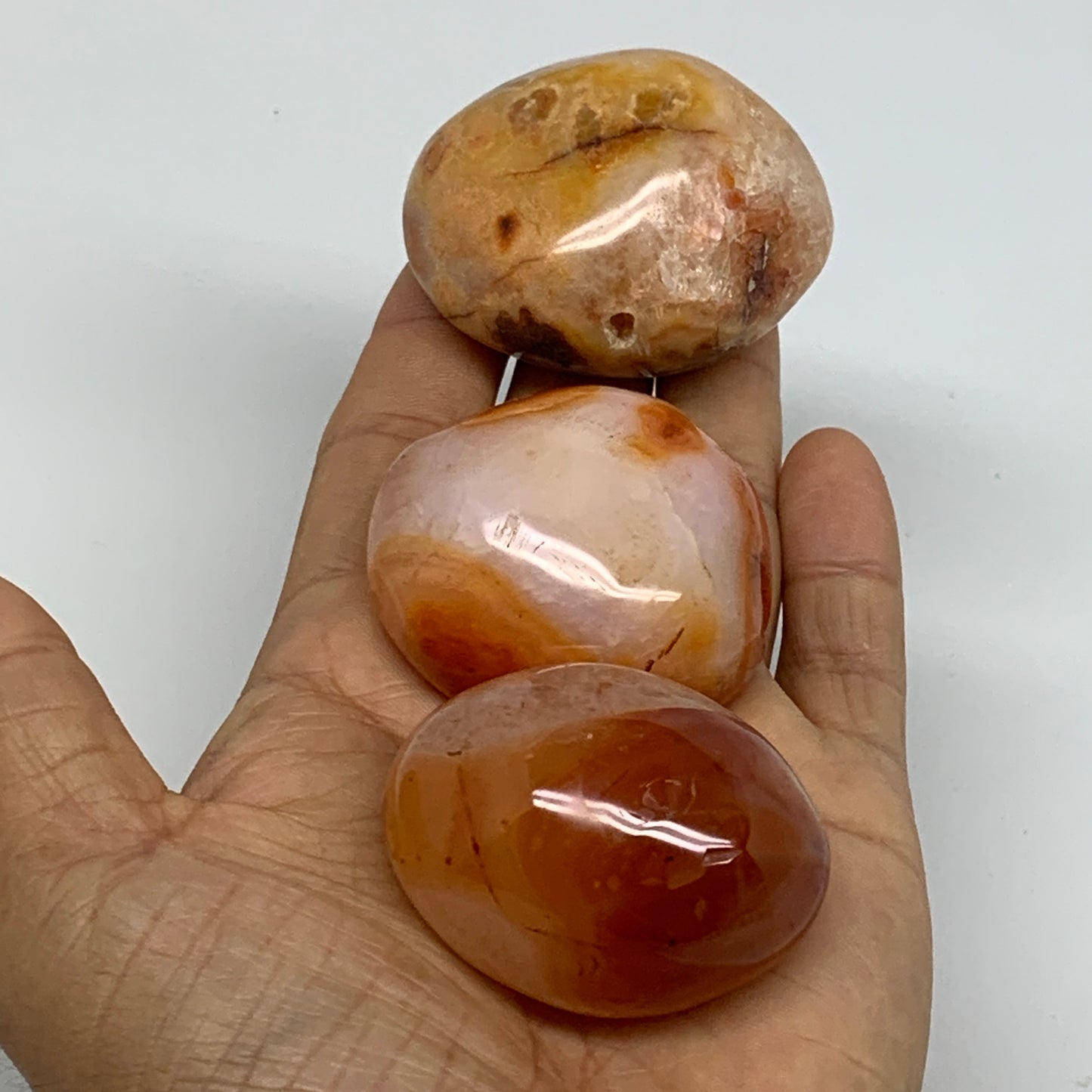 255.2g, 1.8"-2.1", 3pcs, Red Carnelian Palm-Stone Gem Crystal Polished, B37638