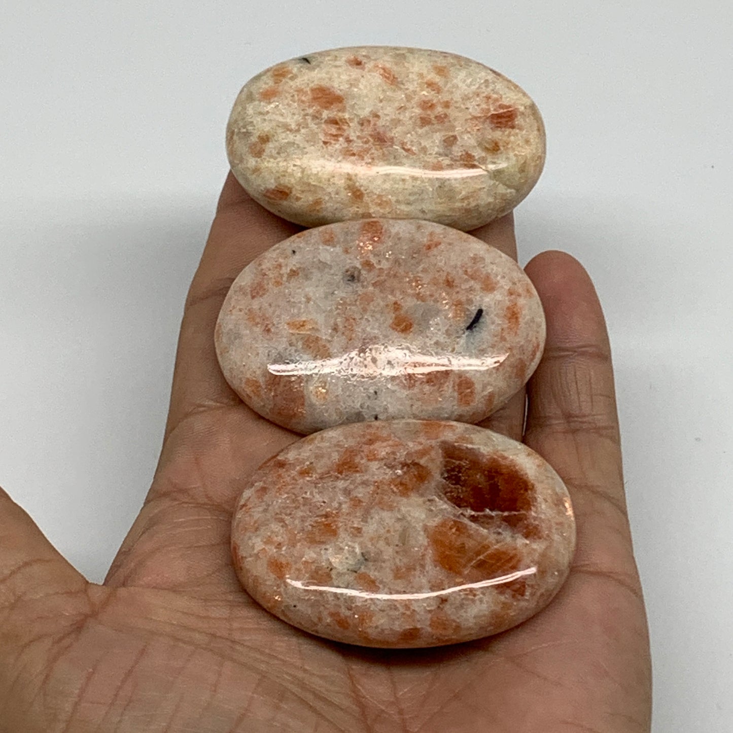 163.9g, 2"-2.1", 3pcs, Natural Sunstone Palm-Stone Polished from India, B34610