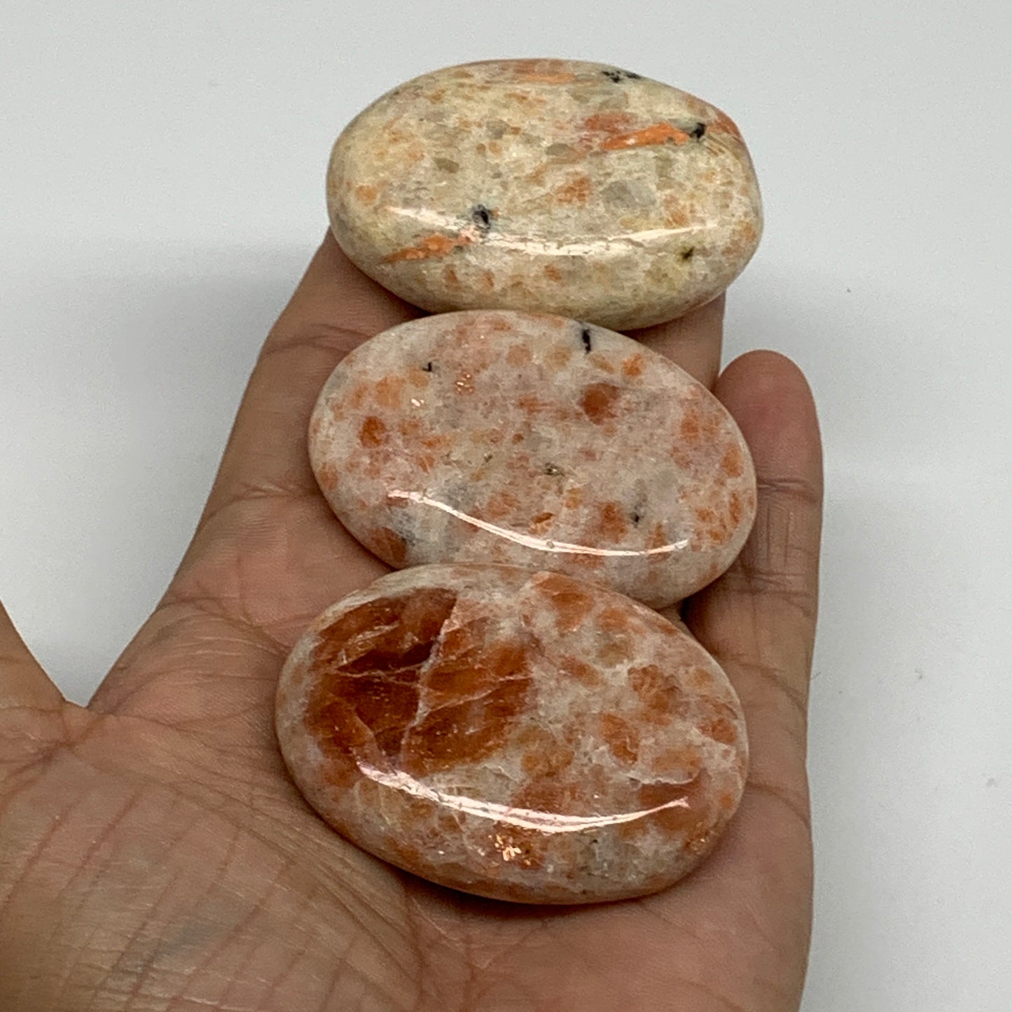163.9g, 2"-2.1", 3pcs, Natural Sunstone Palm-Stone Polished from India, B34610