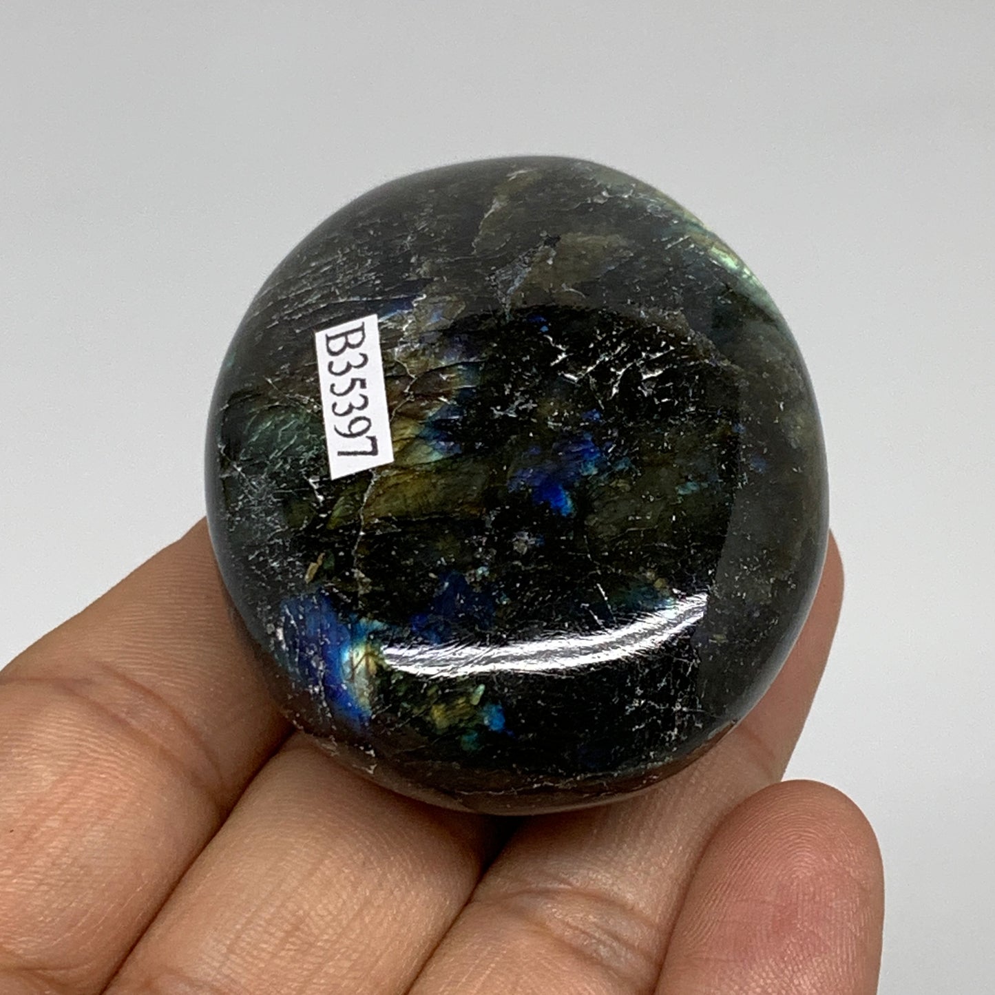 96.8g, 2.4"x1.7"x1", Labradorite Palm-stone Tumbled Reiki, B35397
