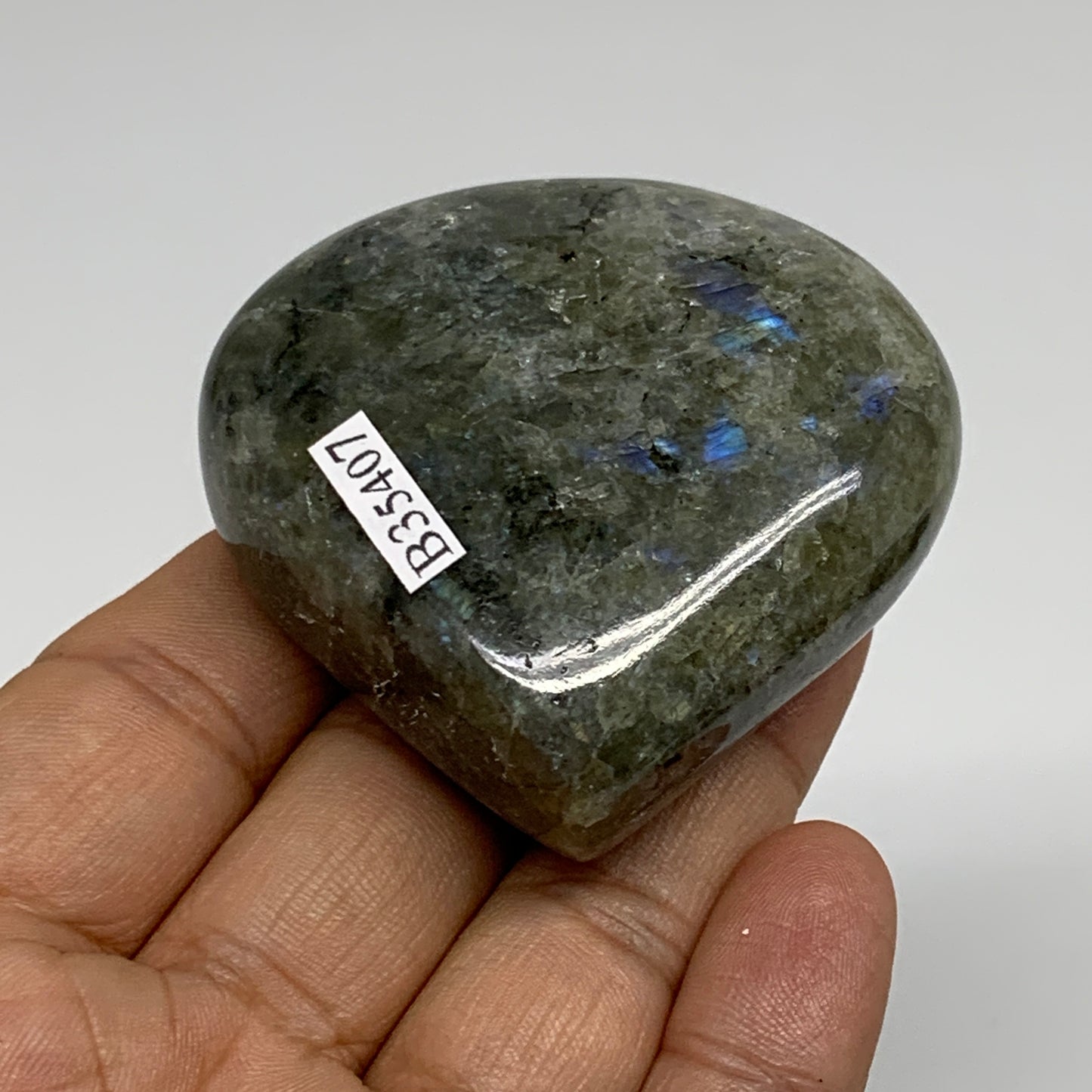112.6g, 2.2"x2.2"x1", Natural Labradorite Heart Polished Crystal, B35407