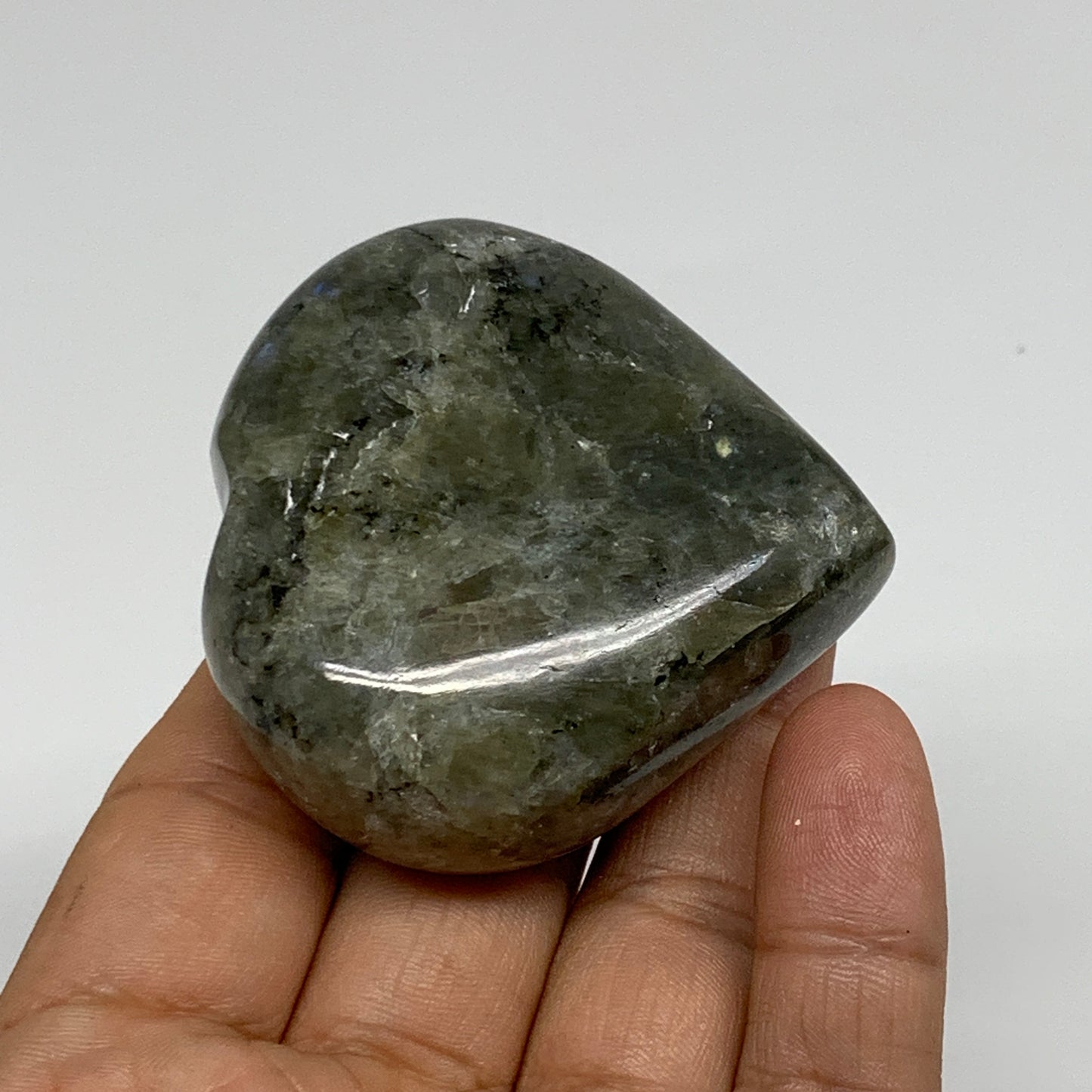 112.6g, 2.2"x2.2"x1", Natural Labradorite Heart Polished Crystal, B35407