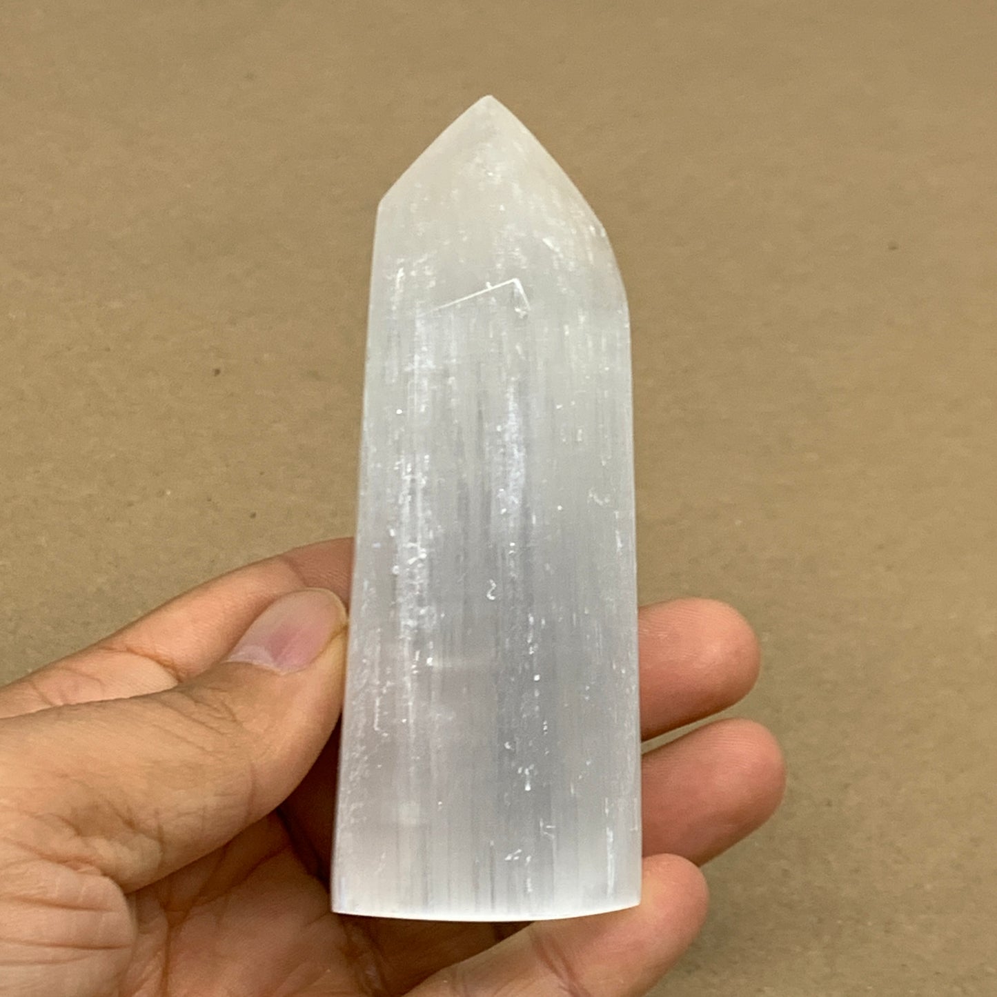166g, 3.8"x1.6", Selenite (Satin Spar) Crystal Tower Point, B36019