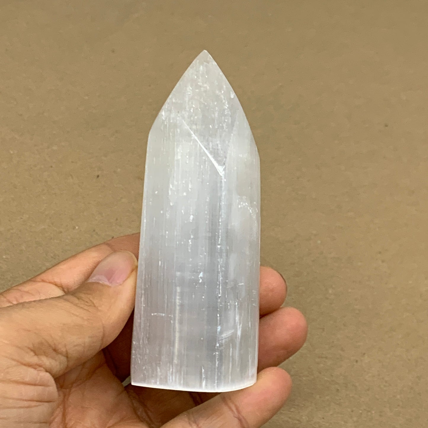 166g, 3.8"x1.6", Selenite (Satin Spar) Crystal Tower Point, B36019