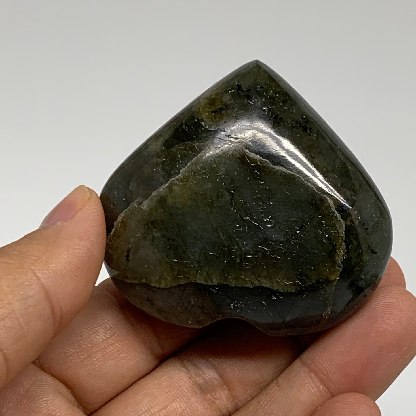 96.3g, 2"x2.2"x1", Natural Labradorite Heart Polished Crystal, B35413