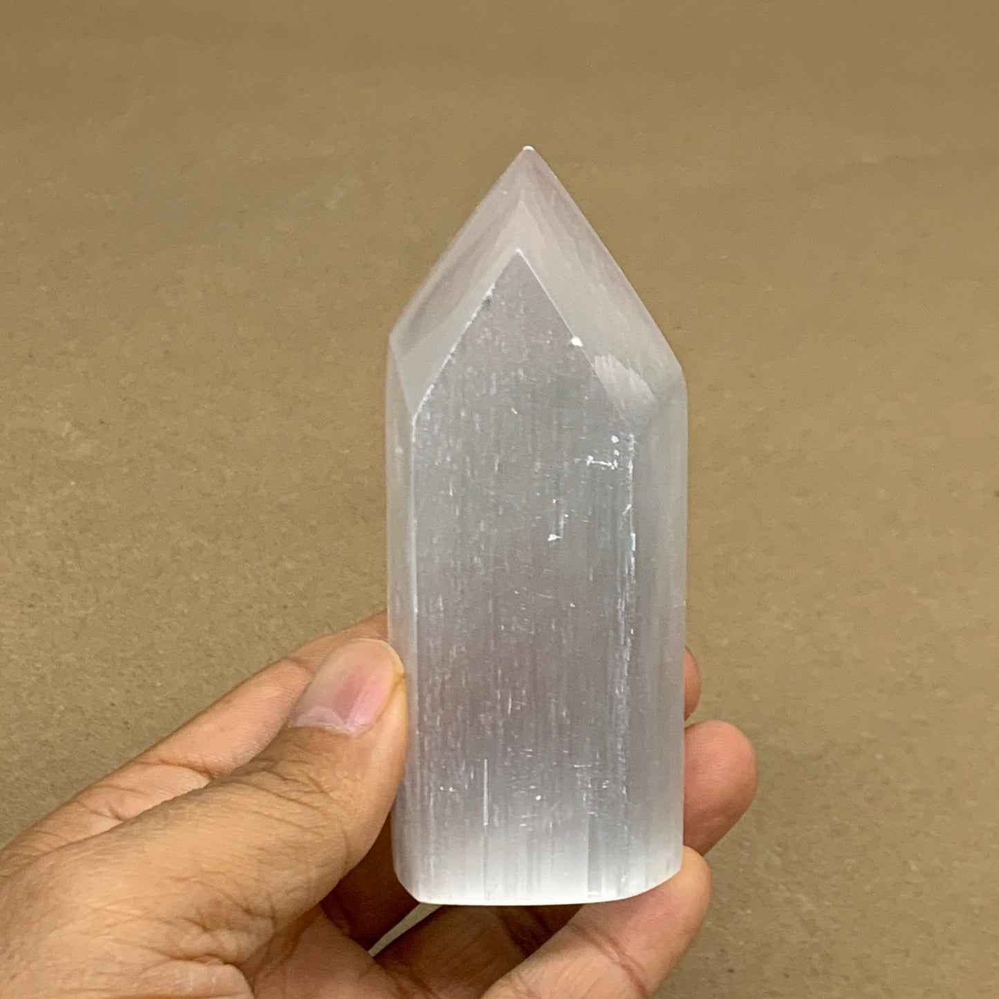 188g, 3.8"x1.6", Selenite (Satin Spar) Crystal Tower Point, B36022