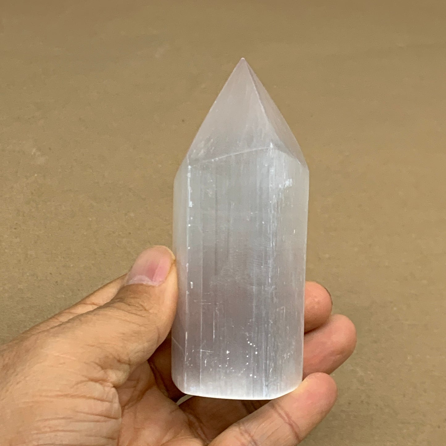 188g, 3.8"x1.6", Selenite (Satin Spar) Crystal Tower Point, B36022