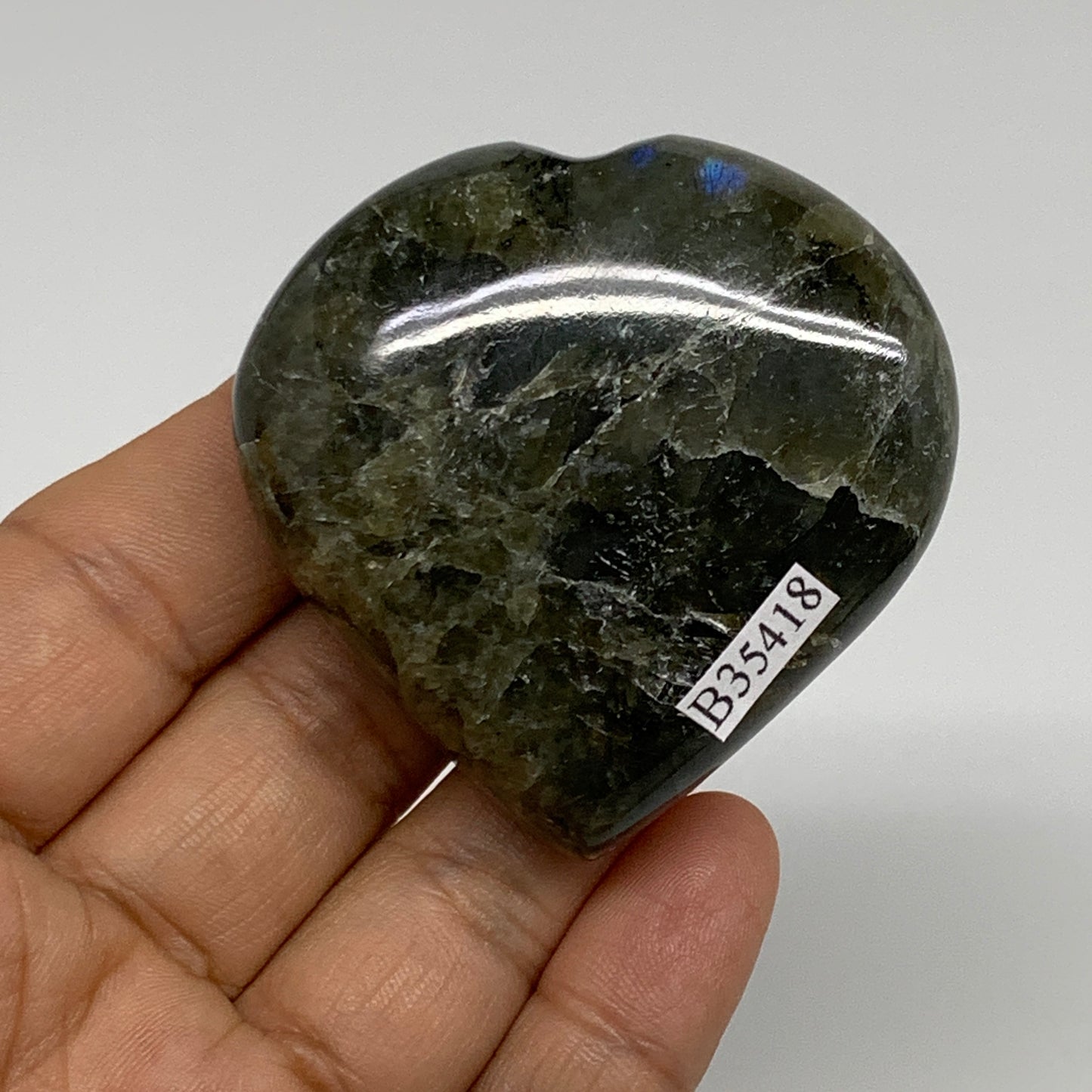 94.6g, 2.1"x2.2"x0.9", Natural Labradorite Heart Polished Crystal, B35418