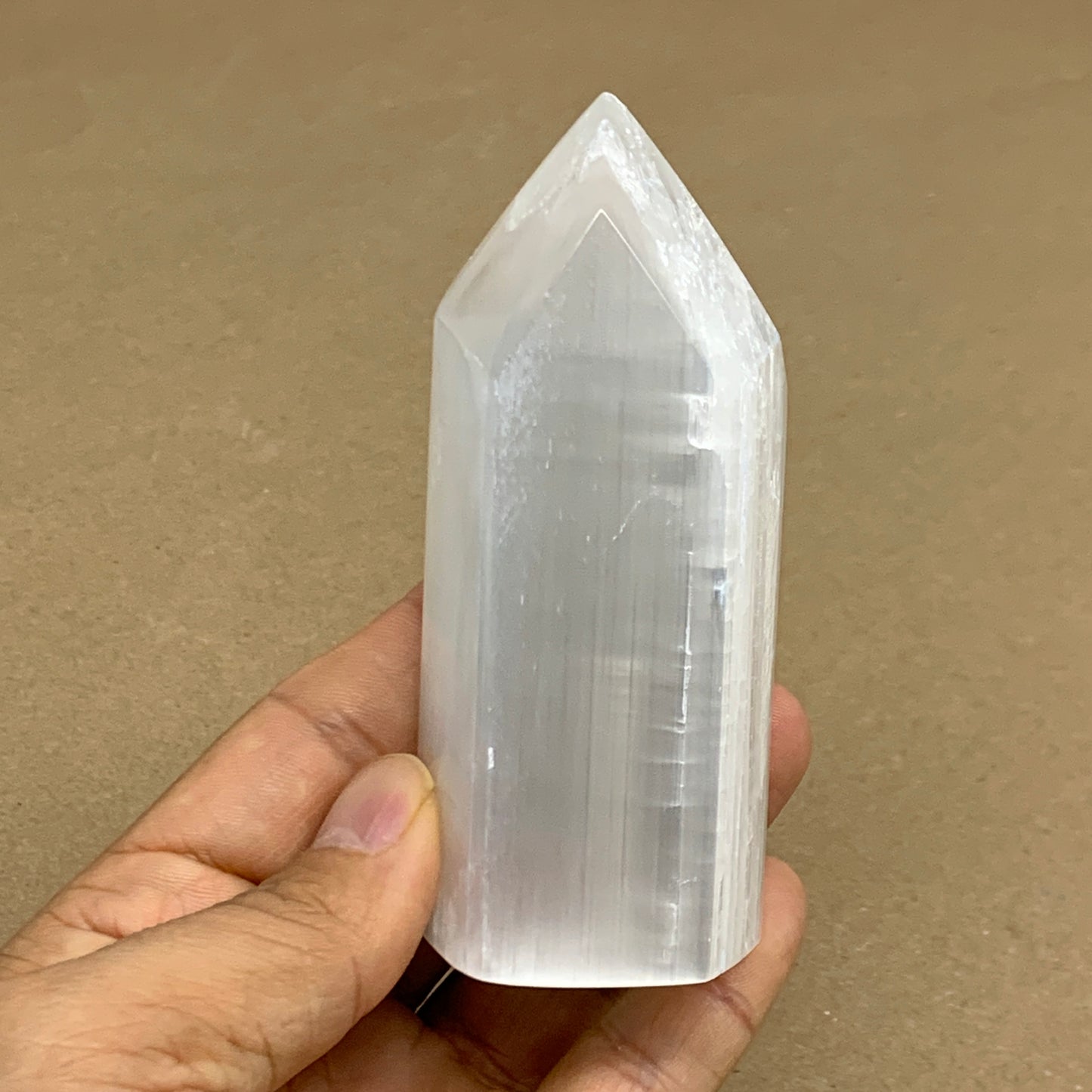 198g, 3.8"x1.5", Selenite (Satin Spar) Crystal Tower Point, B36025