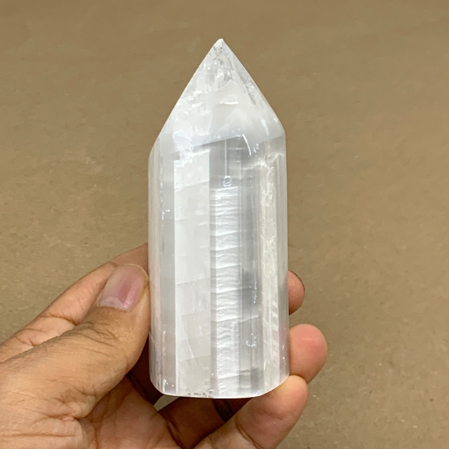 198g, 3.8"x1.5", Selenite (Satin Spar) Crystal Tower Point, B36025