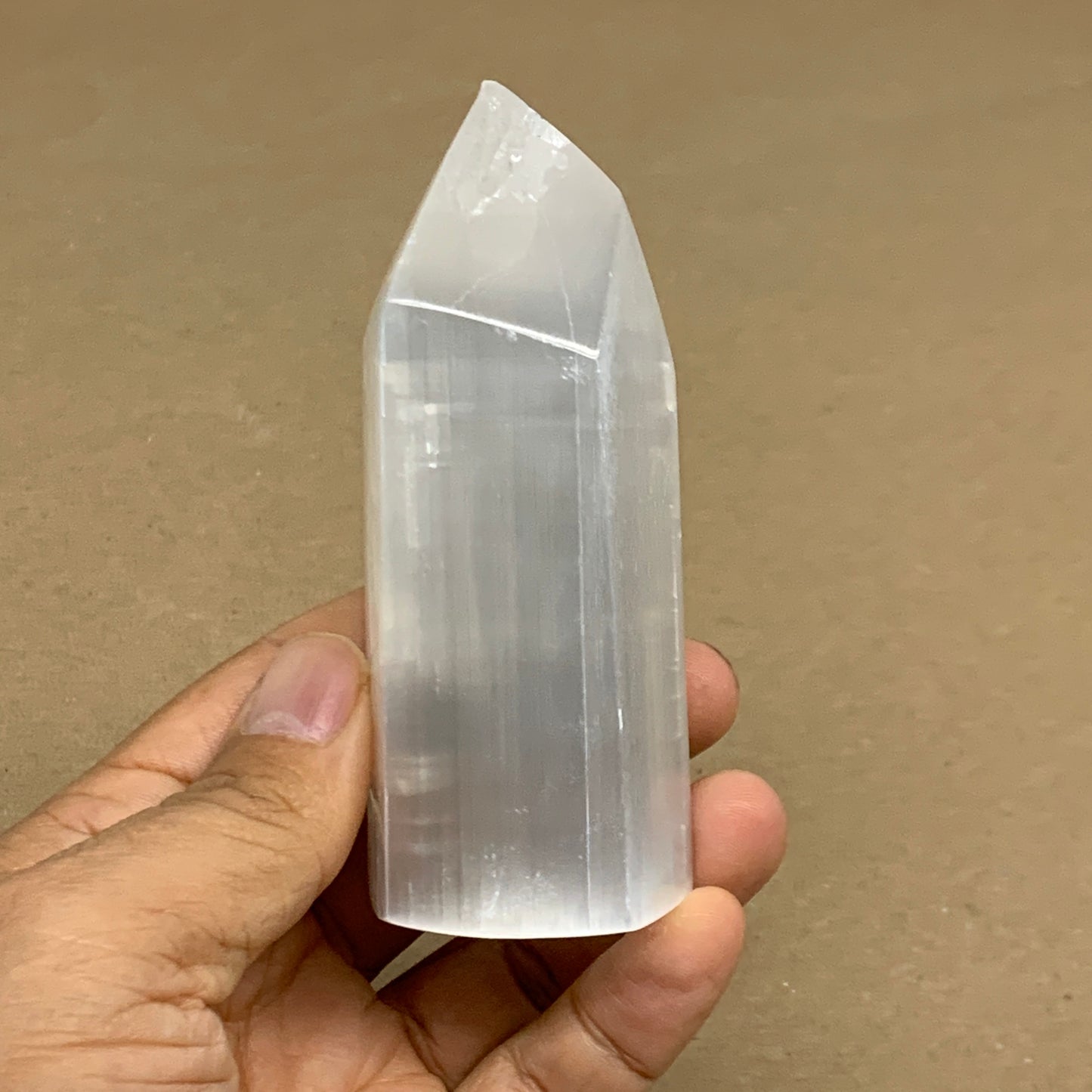 198g, 3.8"x1.5", Selenite (Satin Spar) Crystal Tower Point, B36025