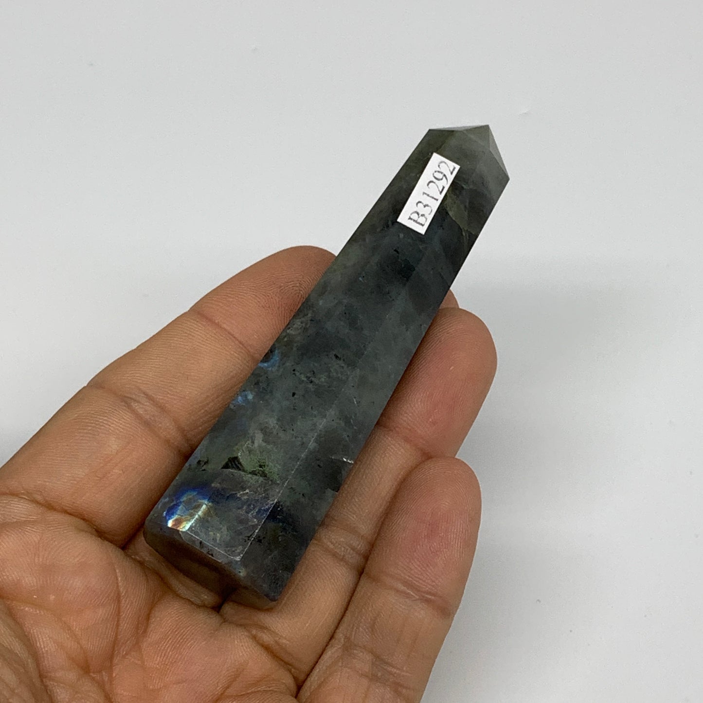 60.4g, 3.3"x0.8", Labradorite Tower Point Crystal @Madagascar, B31292