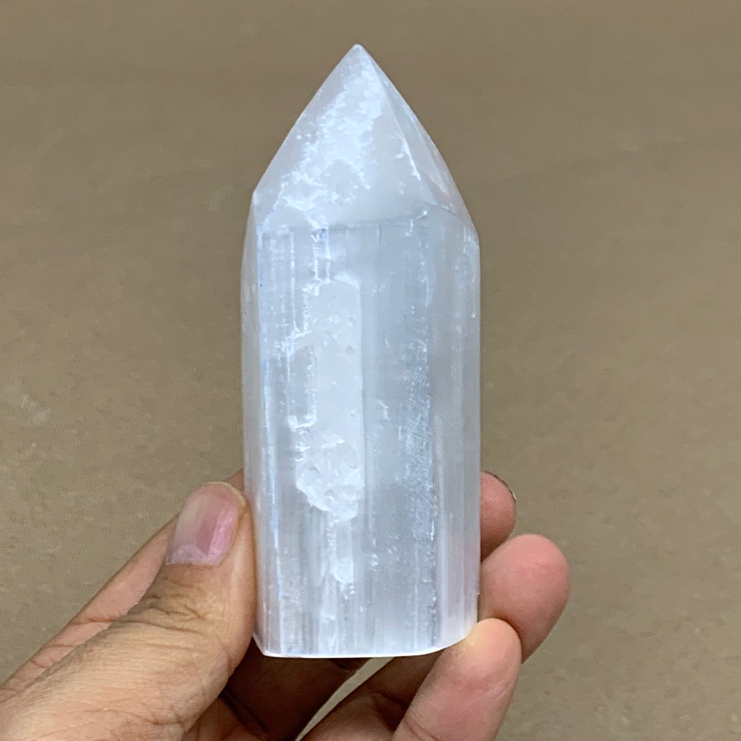 197g, 3.8"x1.6", Selenite (Satin Spar) Crystal Tower Point, B36026