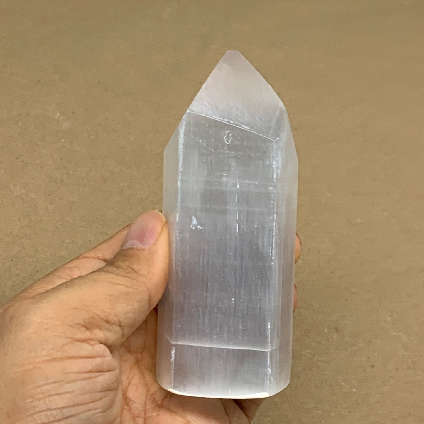 203g, 3.9"x1.6", Selenite (Satin Spar) Crystal Tower Point, B36028