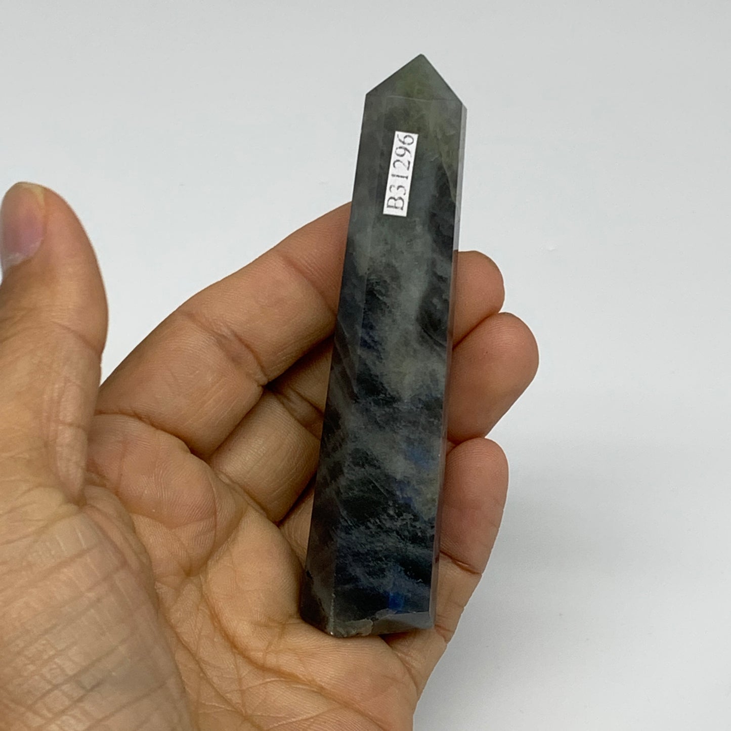 69.9g, 3.7"x0.8", Labradorite Tower Point Crystal @Madagascar, B31296