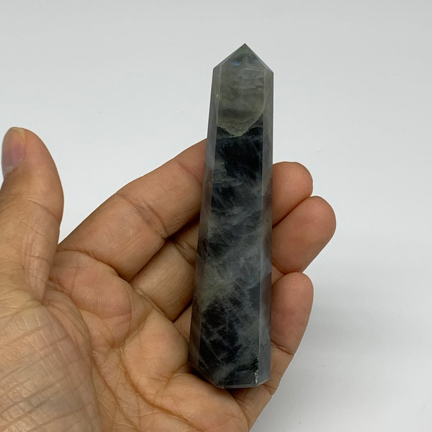 69.9g, 3.7"x0.8", Labradorite Tower Point Crystal @Madagascar, B31296