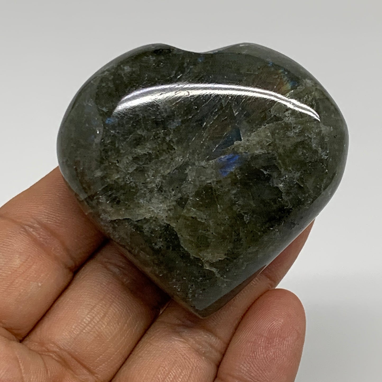 102.1g, 2"x2.2"x0.9", Natural Labradorite Heart Polished Crystal, B35424