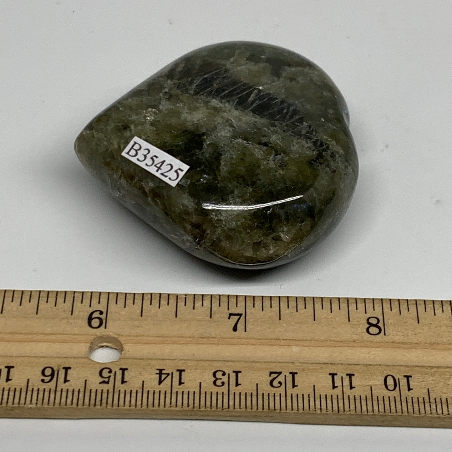 105.9g, 2.2"x2.2"x0.9", Natural Labradorite Heart Polished Crystal, B35425